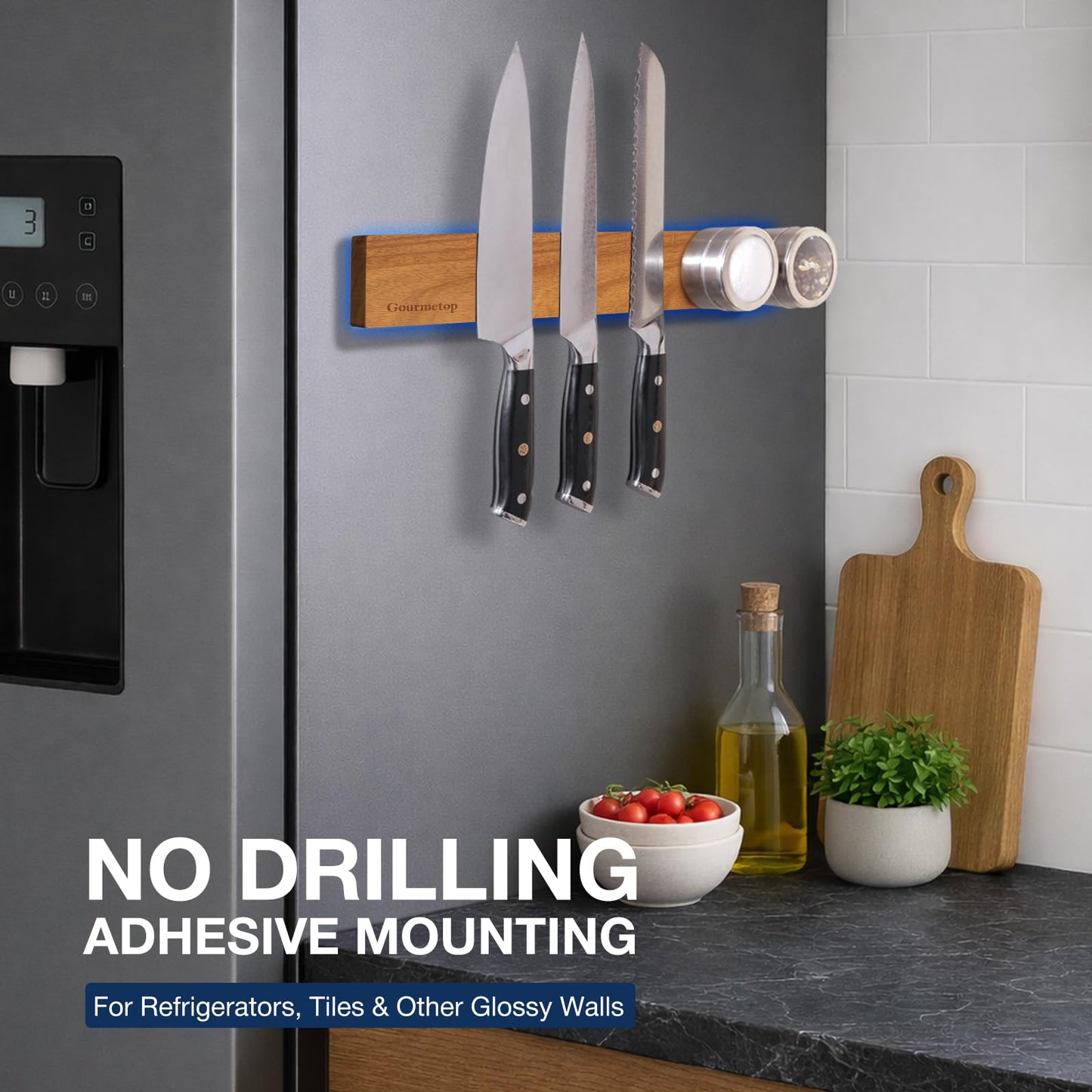 Gourmetop Magnetic Knife Holder for Wall, 16" Acacia Wood Magnetic Knife Strip, Strong Knife Magnet Wall Mount, No Drill Adhesive Tape or Screw Mount, Kitchen Organizer