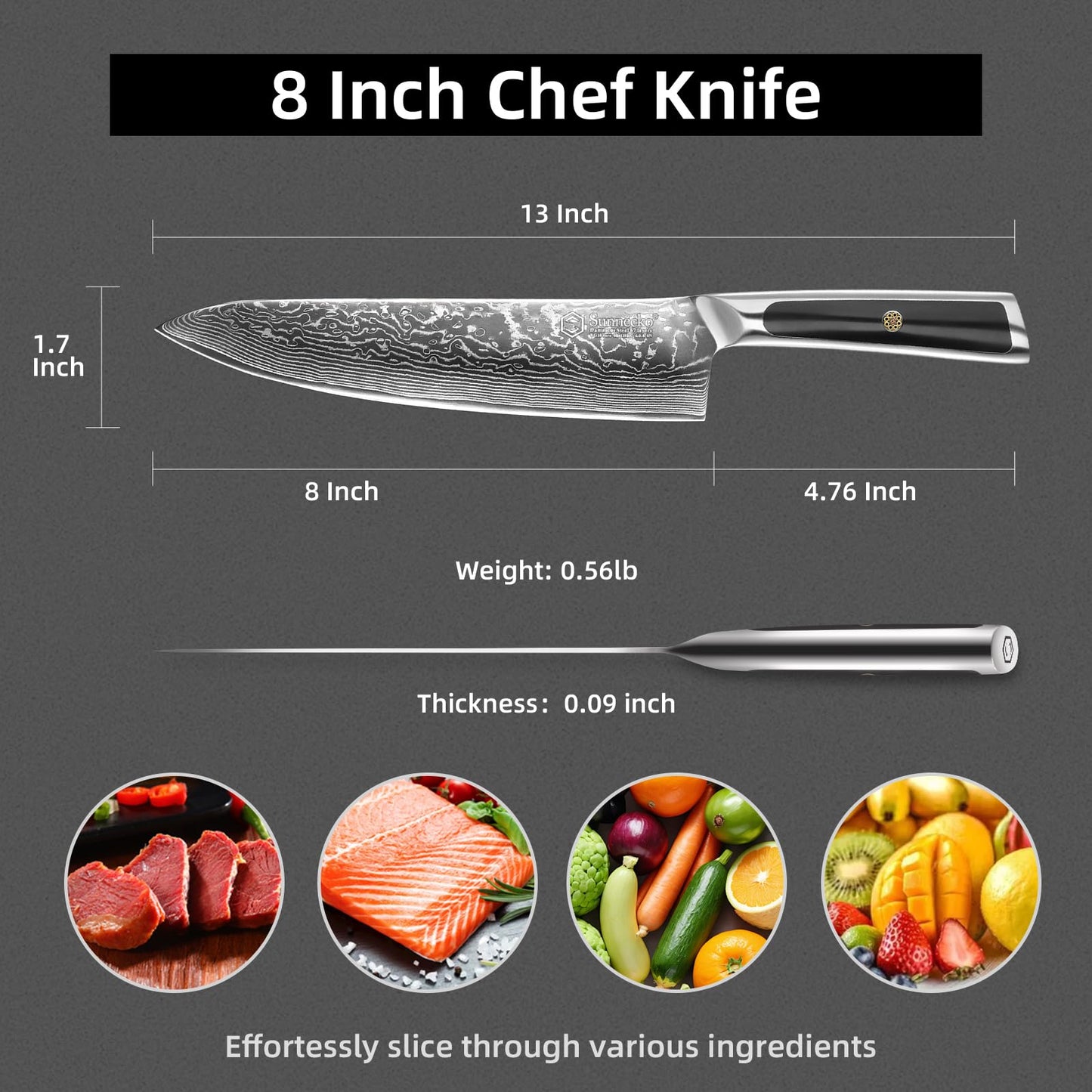 Sunnecko 8 Inch Chef Knife - Ultra Sharp 10-12° Japanese Damascus Knife, VG10 67 Layers Forged Kitchen Knife for Meat Cleaver & Vegetable Slicing, Full Tang Professional Cooking Gift for Father’s Day