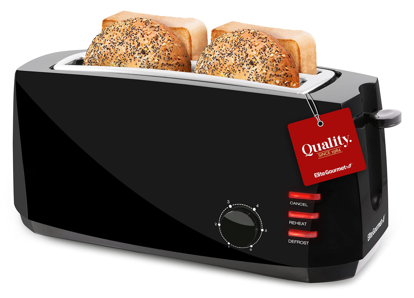Elite Gourmet ECT4829B Maxi-Matic 4 Slice Long Slot Toaster 6 Toast Settings, Defrost, Reheat, Cancel Functions, Extra Wide 1.5"" Slots for Bagels Waffles, Slide Out Crumb Tray", black