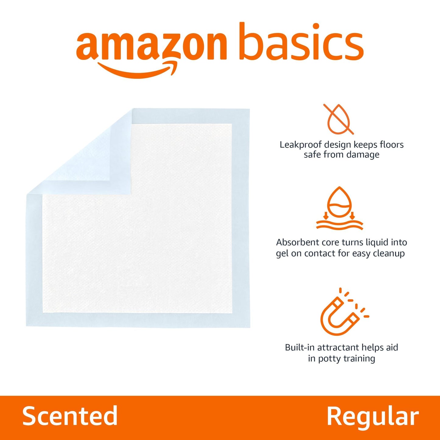 Amazon Basics Absorbent, Disposable, Quick Dry Puppy Pads with 5-Layer Leak-Proof Design, Odor Control, and Scented Surface for Potty Training, Regular, 22 x 22 Inch, Pack of 50, Blue & White