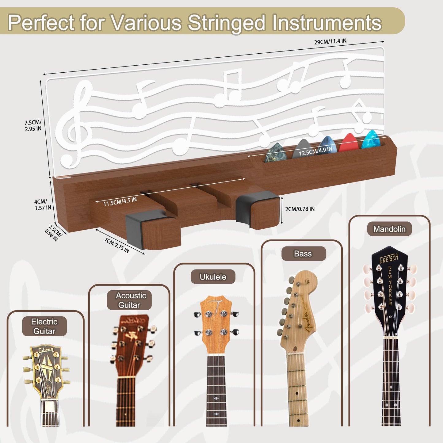 YuanDian Light Up Guitar Wall Mount with Pick Holder, LED Wooden Guitar Hanger USB Powered for Acoustic, Electric, Bass, Ukulele, Mandolin Display and Storage,Gifts for Guitar Players Men