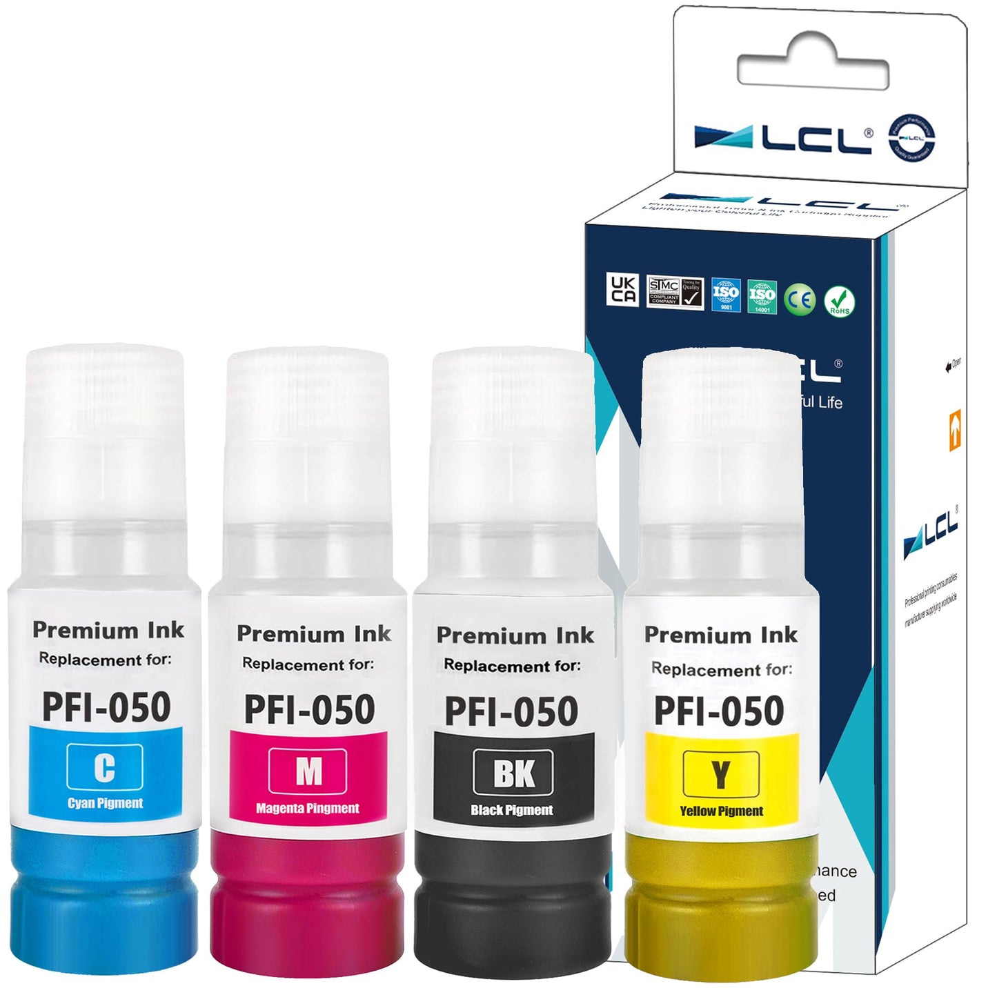LCL Compatible Ink Bottle for Canon PFI-050 PFI-050BK PFI-050C PFI-050M PFI-050Y Pigment (4-Pack,Black Cyan Magenta Yellow) for Canon ImagePrograf TC-20 TC-20M TC-21 TC-21M