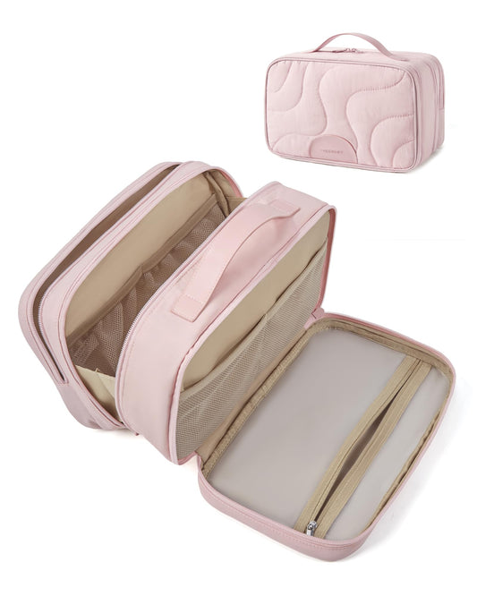 BAGSMART Toiletry Bag for Women, Wide-open Makeup Bag Organizer for Travel Essentials Travel-size, Water-resistant Large Capacity Cosmetic Bag for Accessories, Shampoo, Toiletries with Handle, Pink