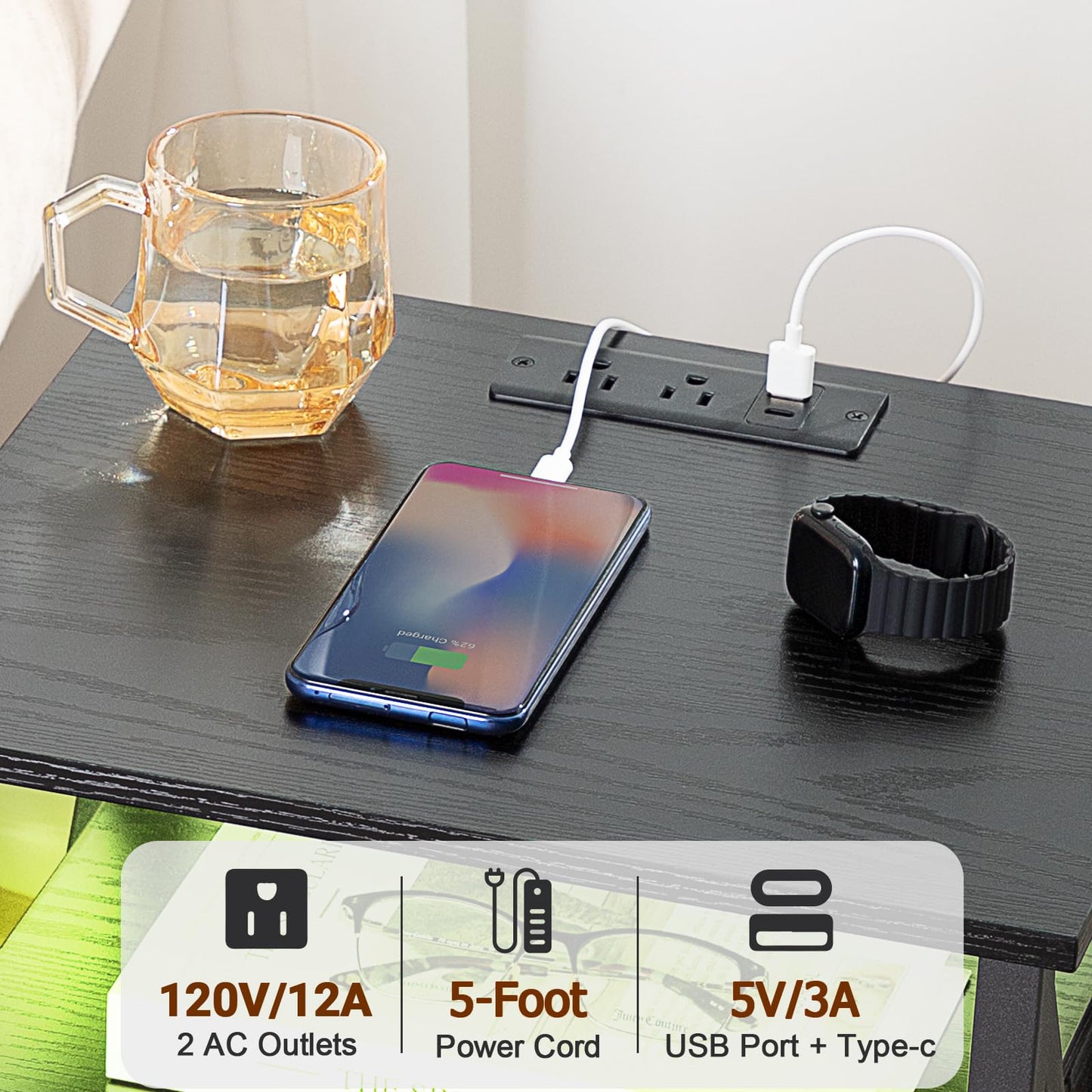 AMHANCIBLE LED Nightstand, End Side Table with Charging Station, Bedside Table with USB Port & Power Outlet, Modern Night Stand with Fabric Storage Drawers HET053LBK1