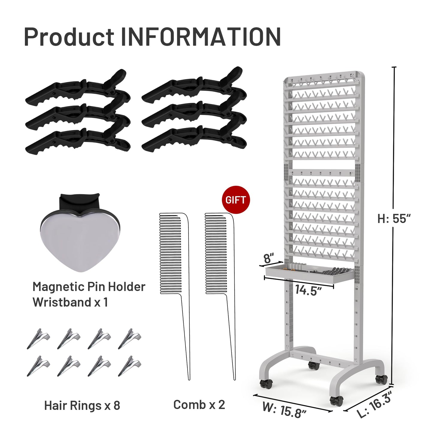 Yumkfoi 2-sided 280 Pegs Braiding Rack, Adjustable Hair Racks with Tray and 17 Braiding Tools, Braid Rack for Braiders, Hair Separator with Wheels (Grey)