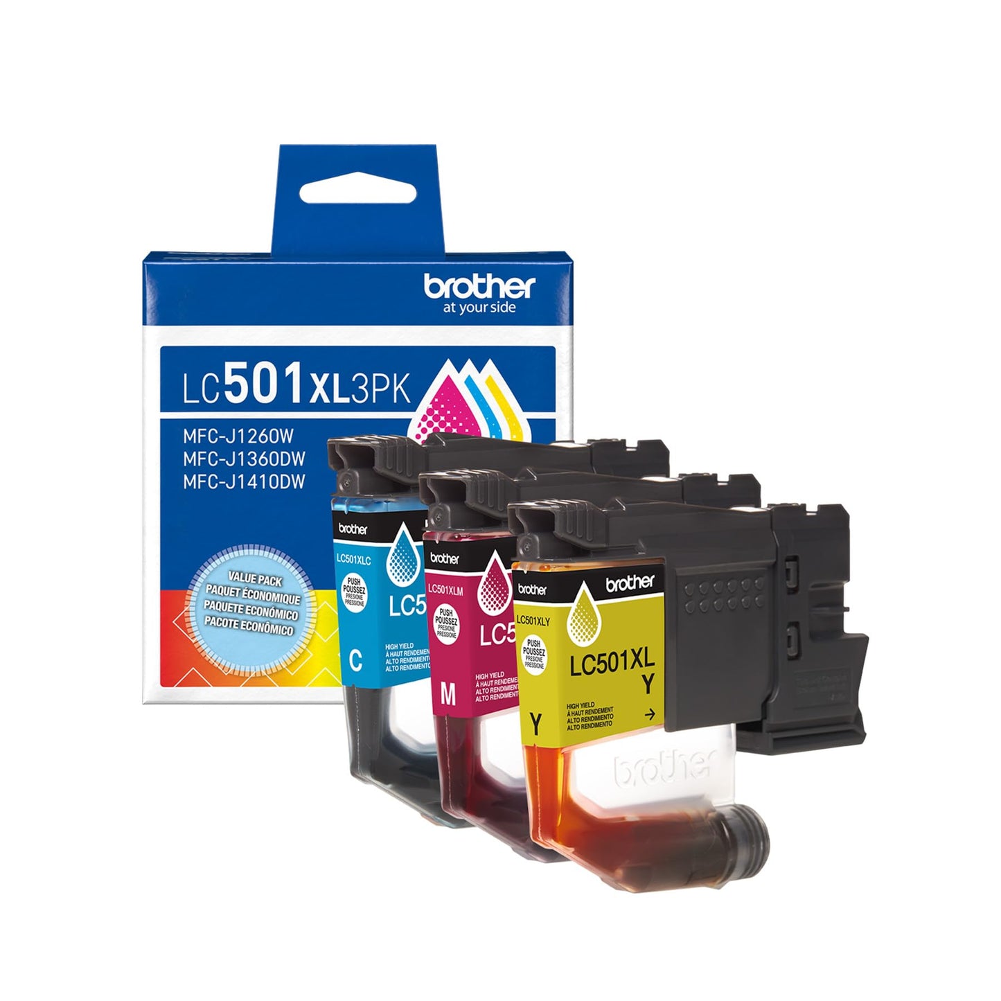 Brother Genuine LC501XL High Yield Ink Cartridges 3-Pack (Cyan, Magenta, Yellow) | Replacement for MFC-J1260W, MFC-J1360DW, MFC-J1410DW | 500 Pages Each