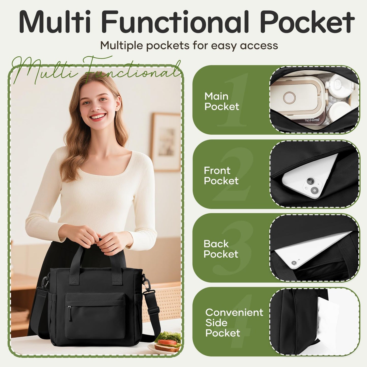 Lunch Bag Insulated Lunch Box Leakproof Lunch Tote Bags for Women Men,Portable Thermal Cooler Bag Lunch Containers with Shoulder Strap for Work, Family, Picnic, School, Outdoor,BBQ C1-Black