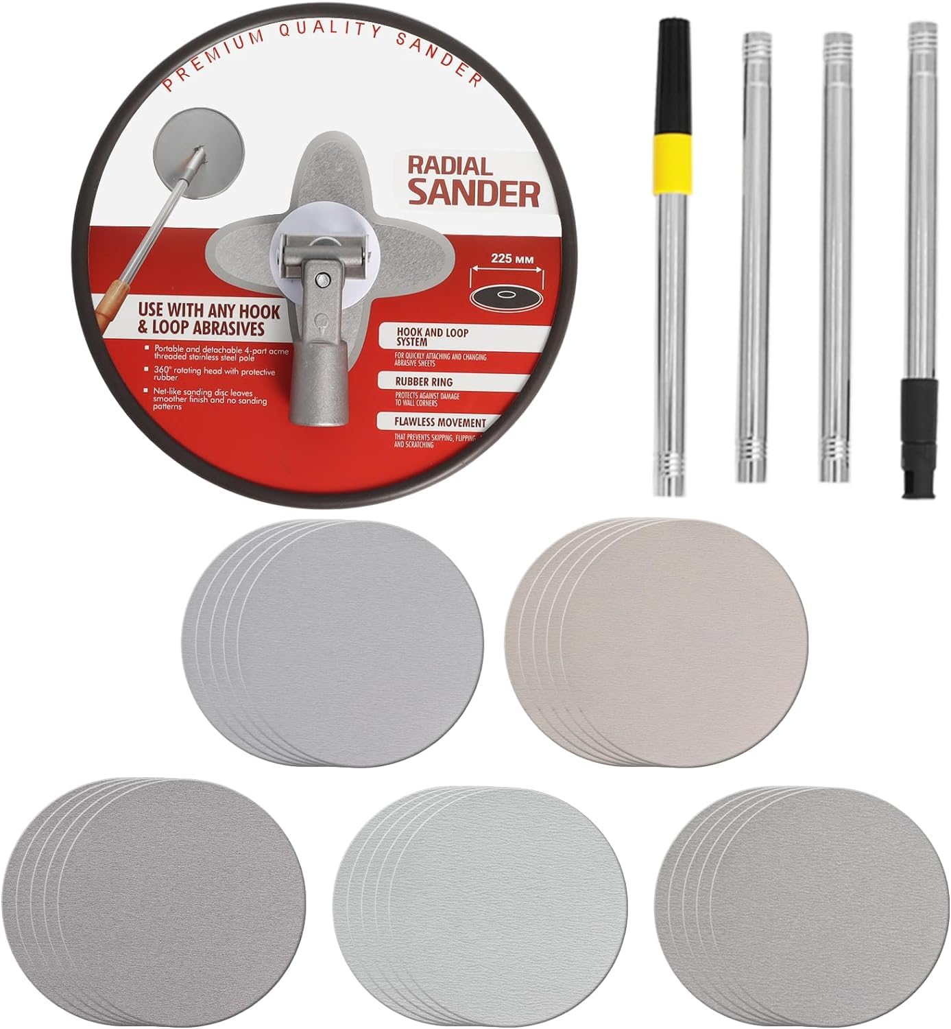 9" Drywall Sander with Extension Pole for Wall Cleaning and Polishing, 360 Circular Radial Sander + 25pcs Sanding Discs