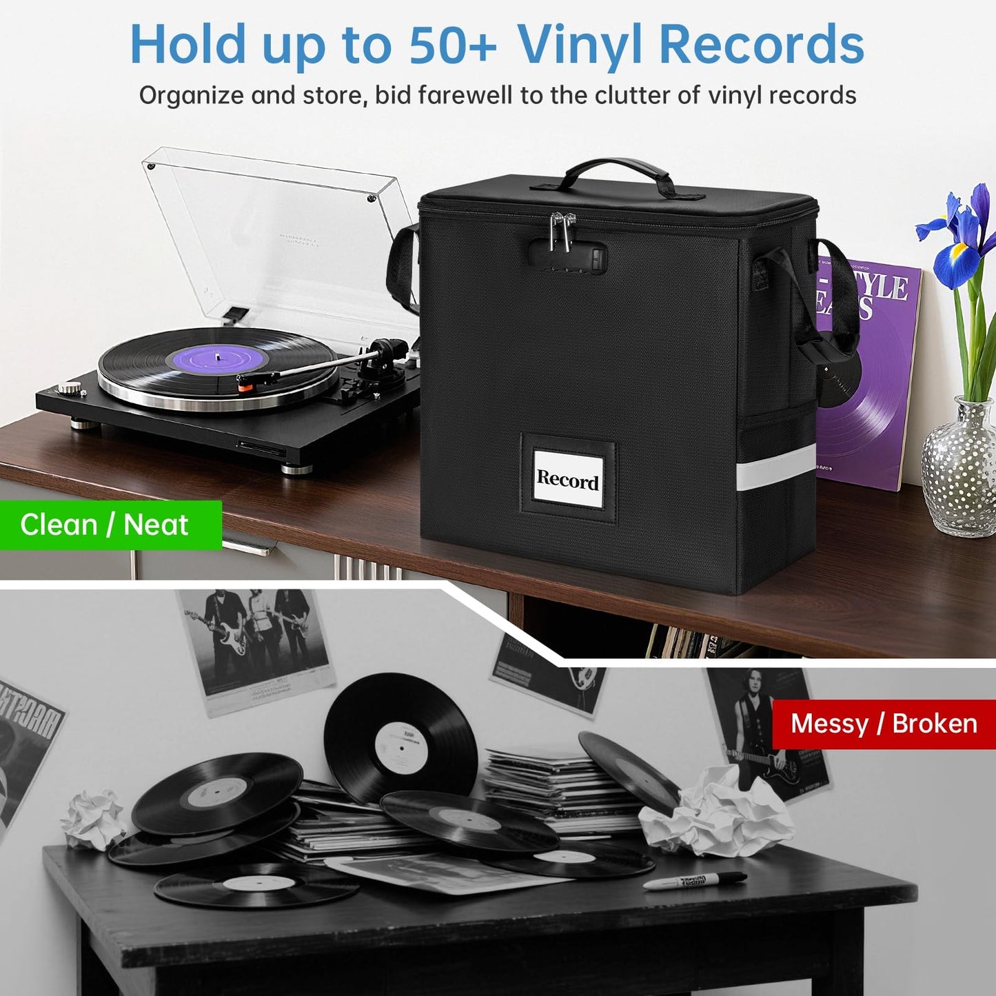 IBVIVIC Vinyl Record Storage Box with Lock,Holds up 35+ Records， Fireproof＆Water Resistant LP Record Organizer Crate with Lid for Valuable Album Collection(34 x 17 x 34CM)
