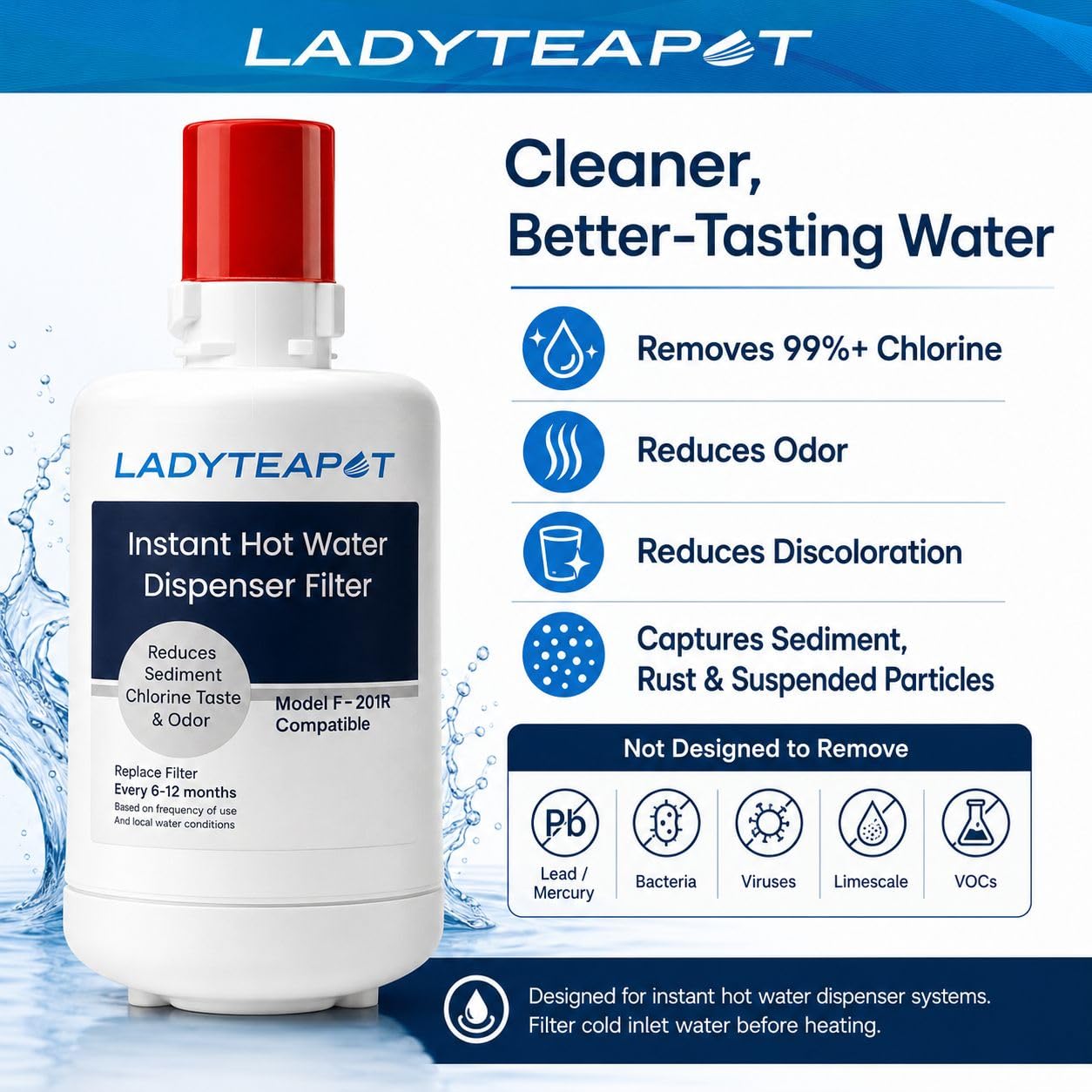 Ladyteapot F-201R Water Filter Cartridge, Replacement Compatible with InSinkErator F-201R Water Filter Cartridge for Hot Water Dispenser (2 Pack)