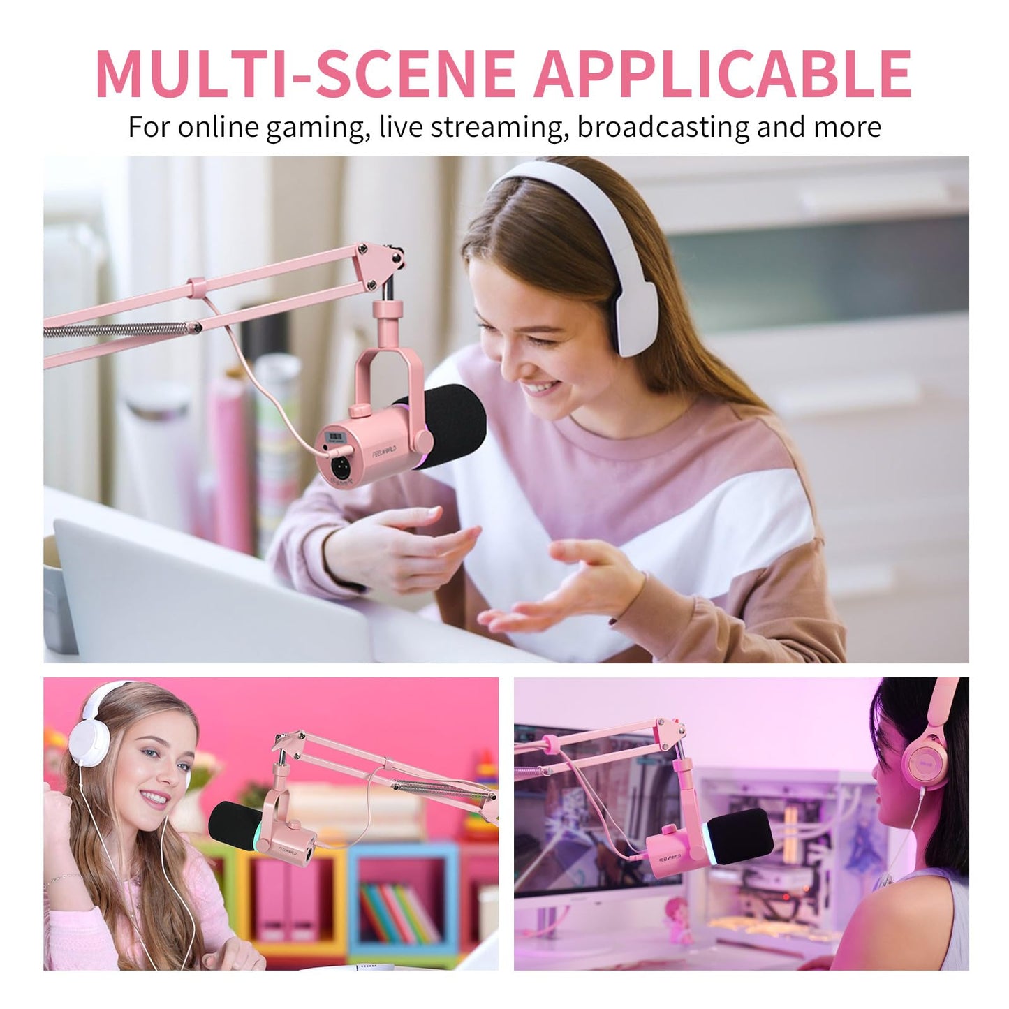 FEELWORLD AMS1 Microphone Boom Arm, Adjustable Mic Arm Stand with 3/8” to 5/8” Screw, Compatible with PM1 and other Mics for Podcast Straming Gaming Studio （Pink)