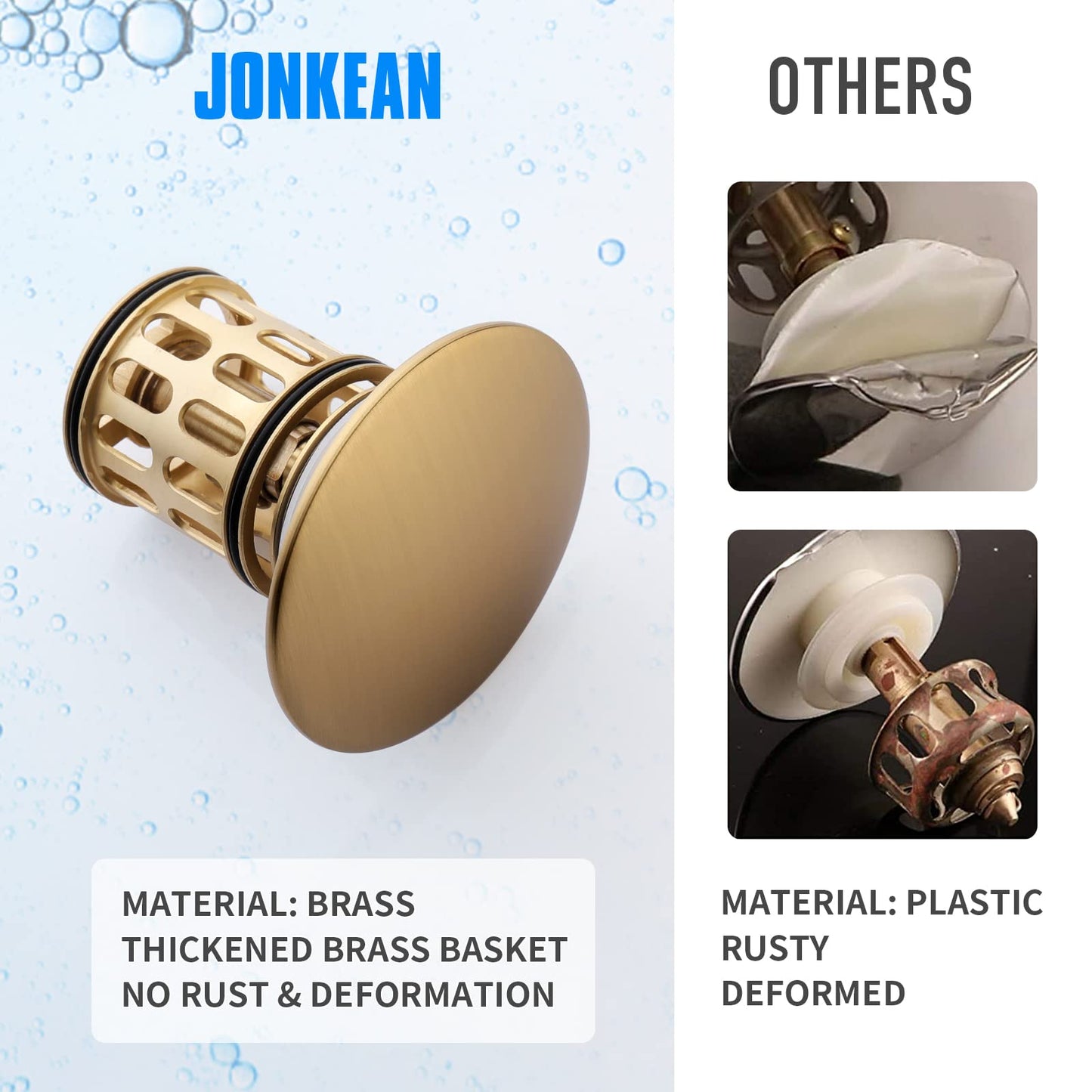 JONKEAN Bathroom Pop Up Drain Without Overflow,Bathroom Sink Drain with Detachable Strainer Basket, Built-in Anti-Clogging Strainer,Vessel Sink Pop Up Stopper Hair Catcher(Brushed Gold)
