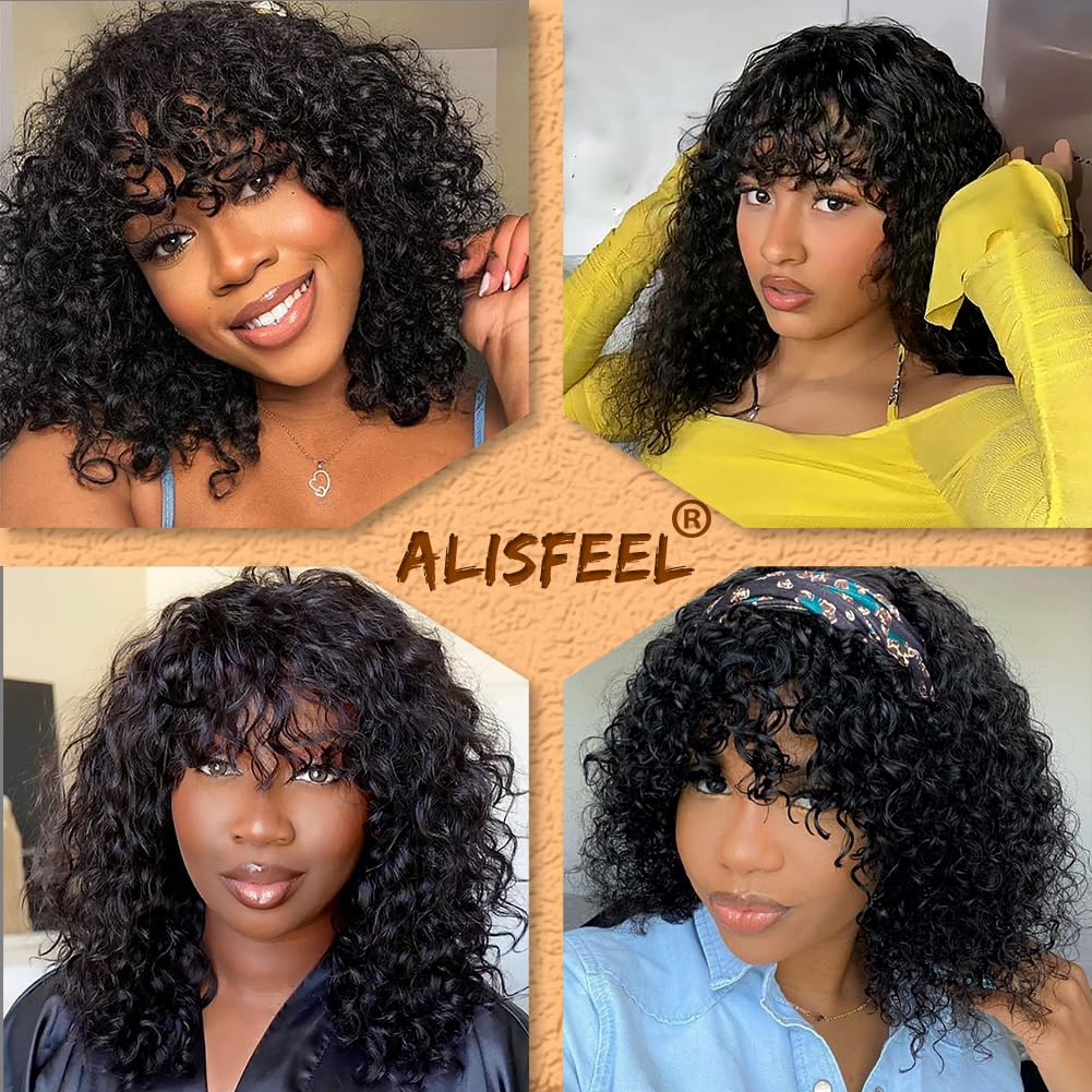 ALISFEEL Short Water Wave Human Hair Wig with Bangs Brazilian Non Lace Front Wig Human Hair for Black Women 150% Density Natural Black Glueless Curly Bob Wigs with Bangs (12 Inch)