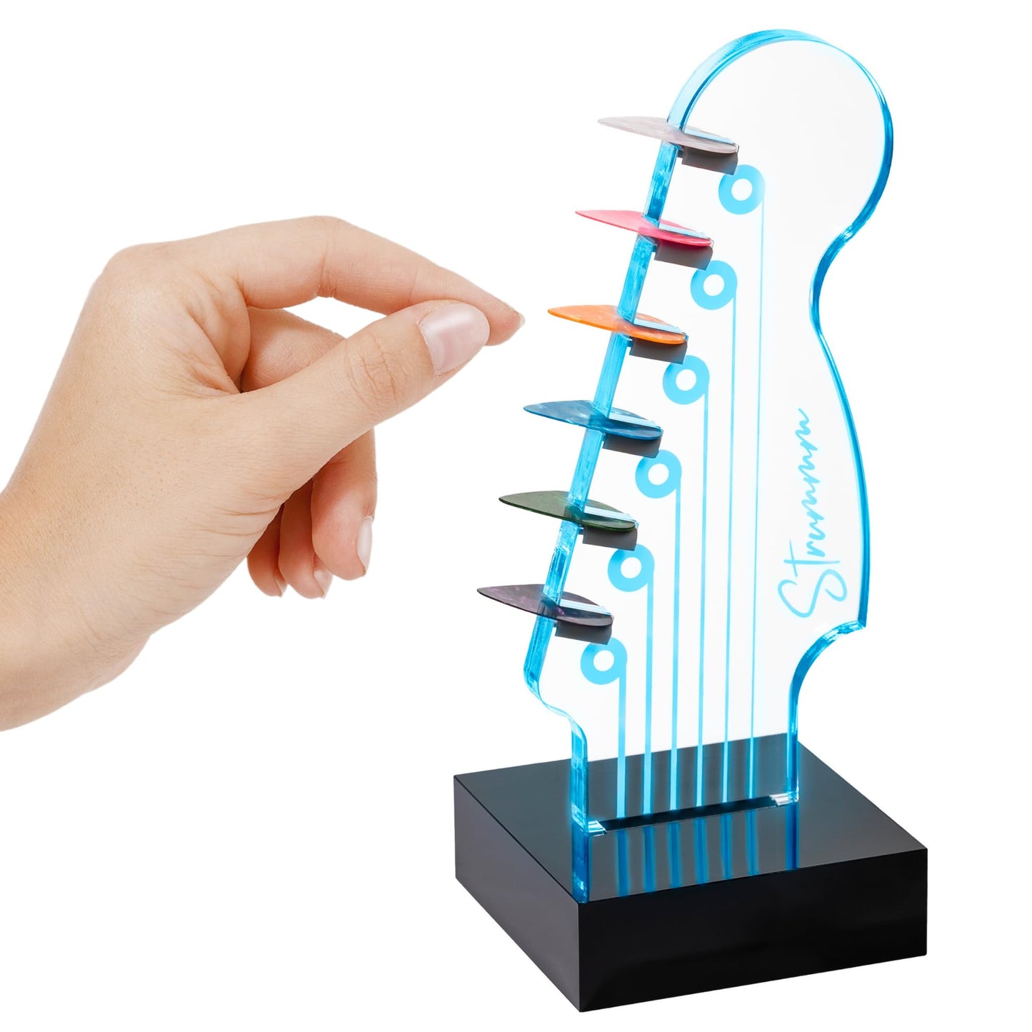 Strummm Color Changing Light Up Guitar Pick Holder – Authentic Electric Guitar Headstock Design Lamp with 7 Colors, USB Powered, Holds 6 Picks, Perfect Guitar Gift for Men, Musicians & Guitarists