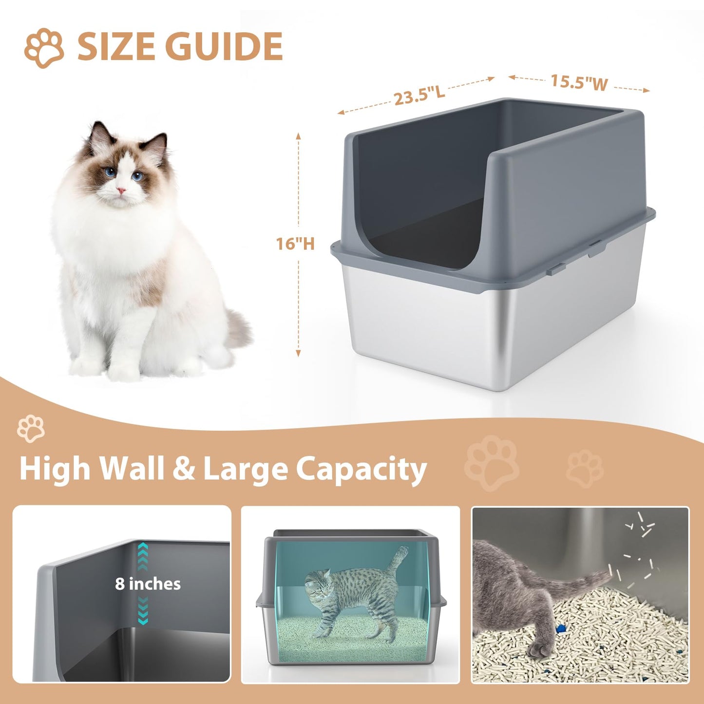 LIHOOOOM Enclosed Cat Litter Box,High Sided Stainless Steel Litter Box Anti-Leakage,Non-Stick Extra Large Litter Box with Lid,23.5" L x 15.5" W x 16" H(Grey)