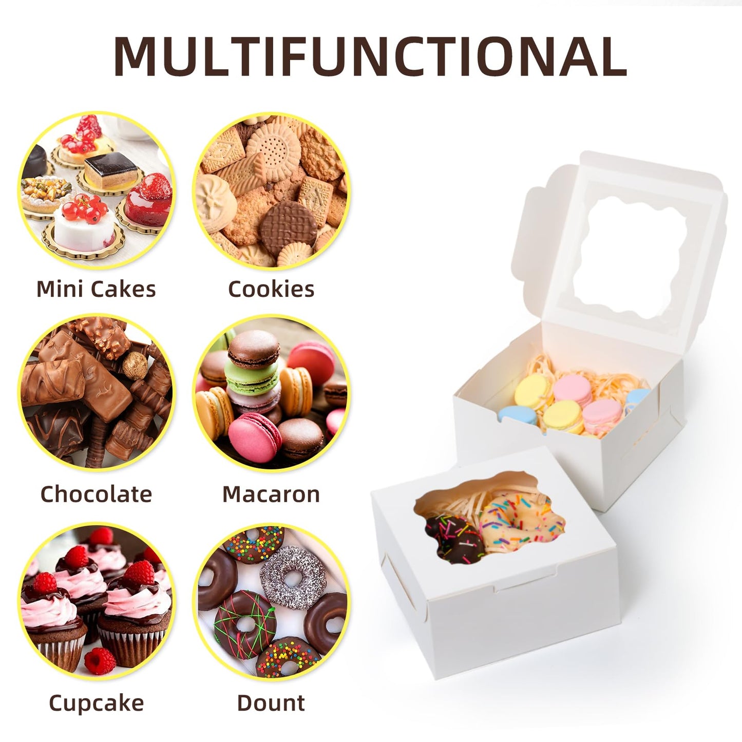100 Pcs White Bakery Boxes with Window, 6x6x3 inches Cookie Boxes Macaroon Boxes Small Treat Boxes Mini Cake Boxes for Dessert, Pastry, Sturdy Take Out Container for Party Wedding Favor