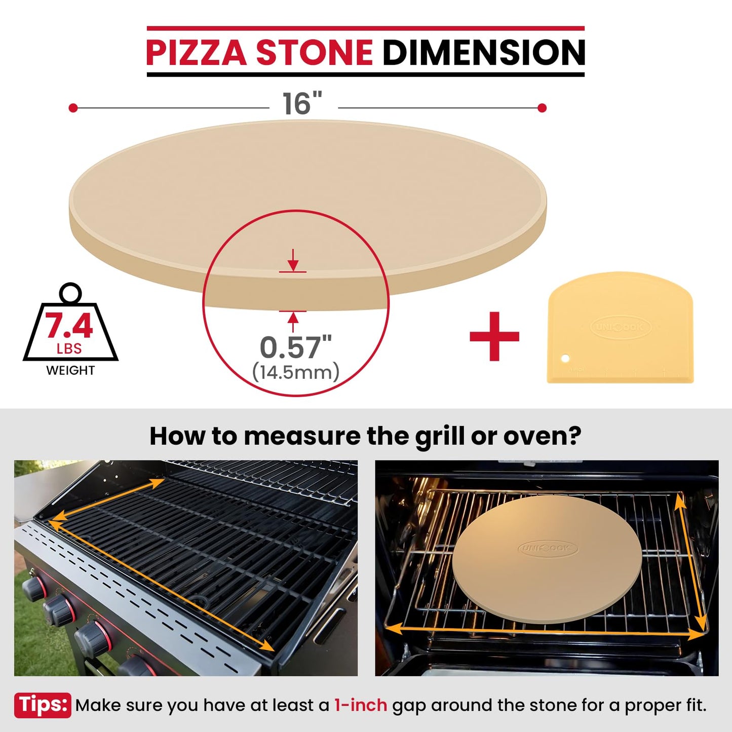 Unicook 16 Inch Round Pizza Baking Stone, Heavy Duty Ceramic Pizza Grilling Stone for Oven and Grill, Thermal Shock Resistant, Ideal for Baking Crisp Crust Pastry, Bread and More, Includes Scraper