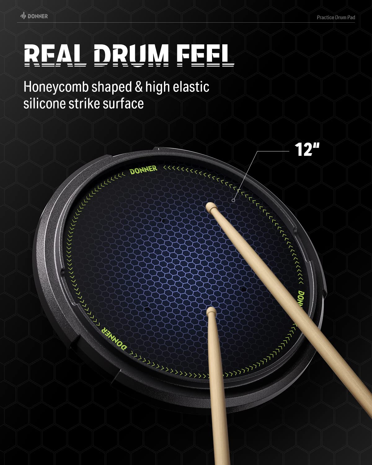 Donner Drum Practice Pad 12 Inches, Quiet Practice Drum Pad Built-in Detachable Ball Box with Drum Sticks - Black