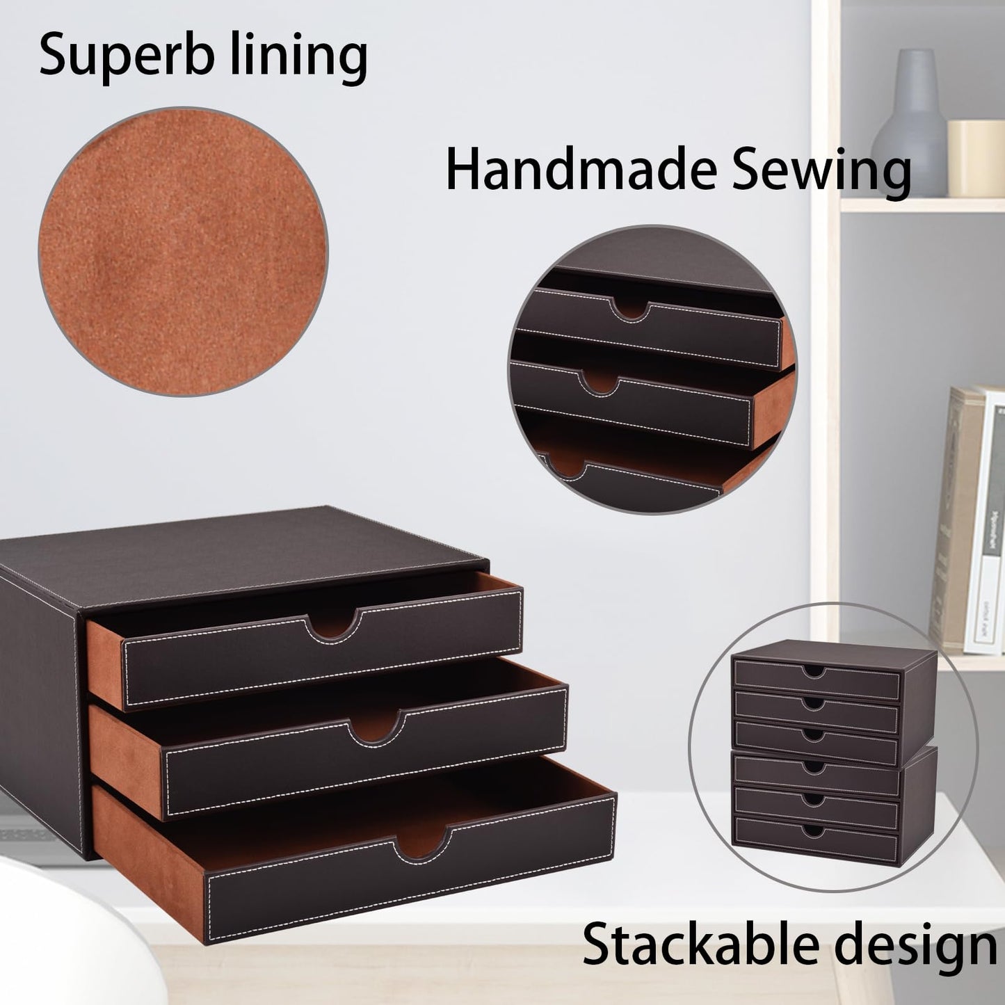 Faux Leather Desk Organizer with3 Drawers Executive Office Supplies Desktop Filing A4 File Cabinet/Holder,Stackable Storage Box for Jewelry/Bill/Paper/Documents/Makeup Home Decor Accessories(Brown)