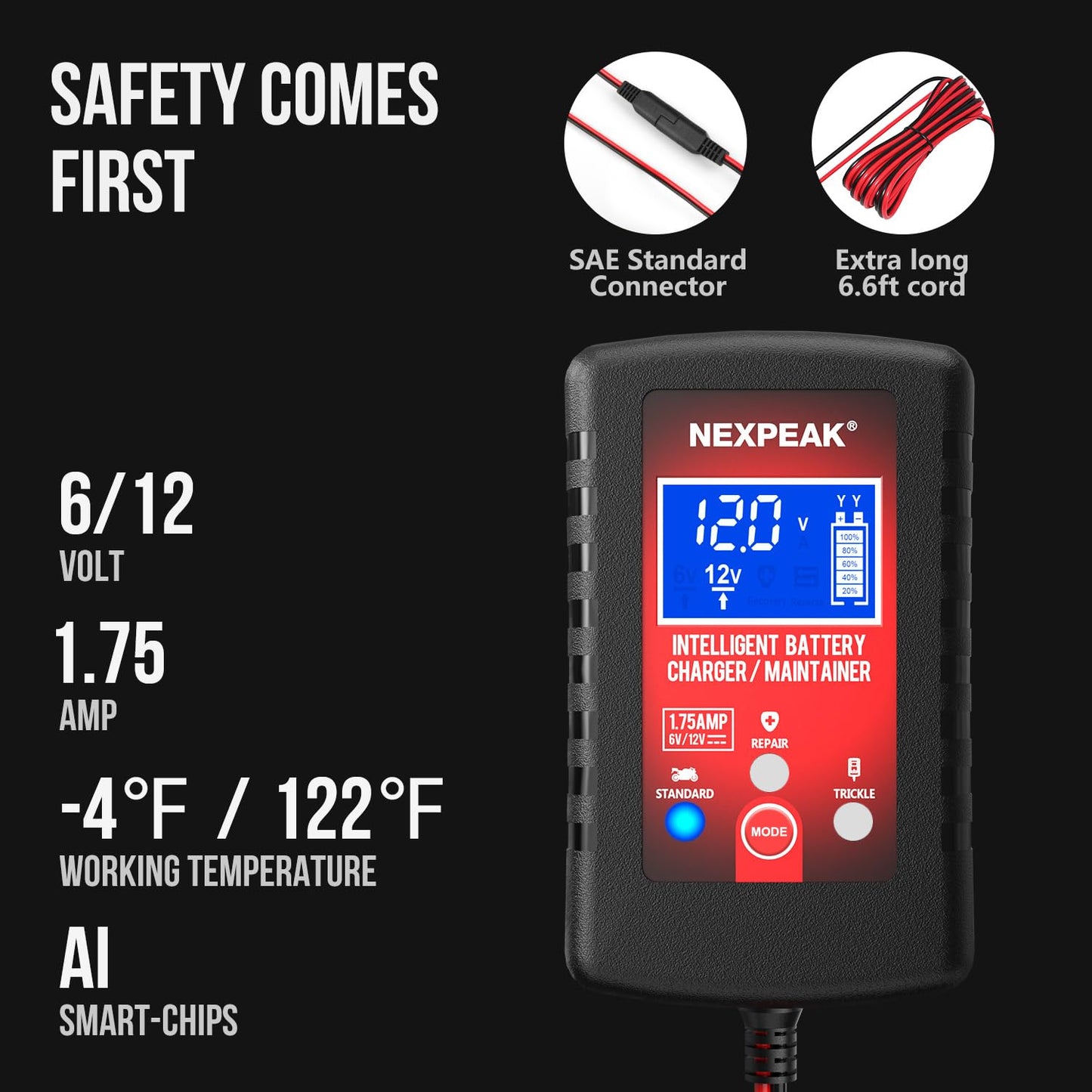 [2-Pack] 1.75A Car Battery Charger, 6V and 12V Smart Fully Automatic Battery Charger Maintainer, Trickle Charger, Battery Desulfator for Car, Lawn Mower, Motorcycle, Boat, Marine Lead Acid Batteries