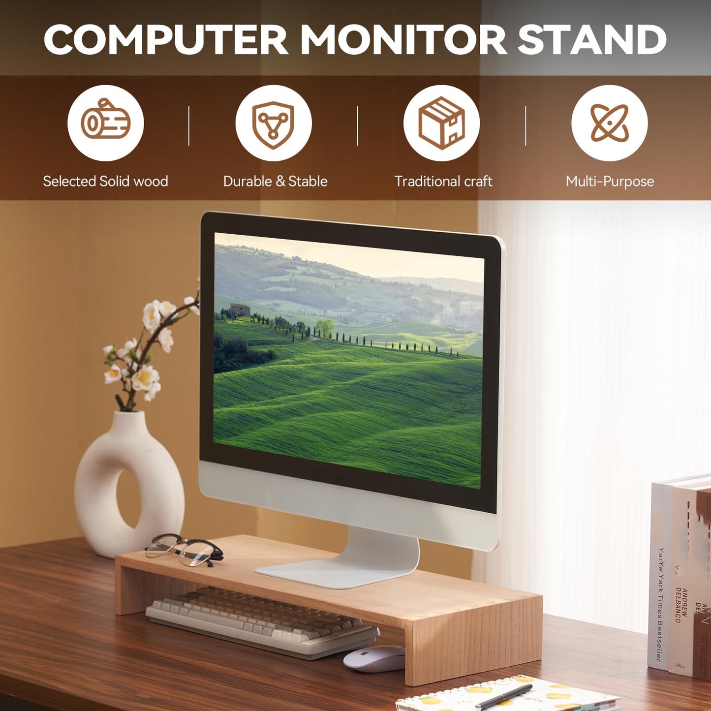 KIRIGEN Monitor Stand Wooden -Desk Stand Wood for Computer/Laptop/TV Printer - Monitor Arms & Stands Desk Riser for Office Organizers -Desktop Workspace (59 Natural)