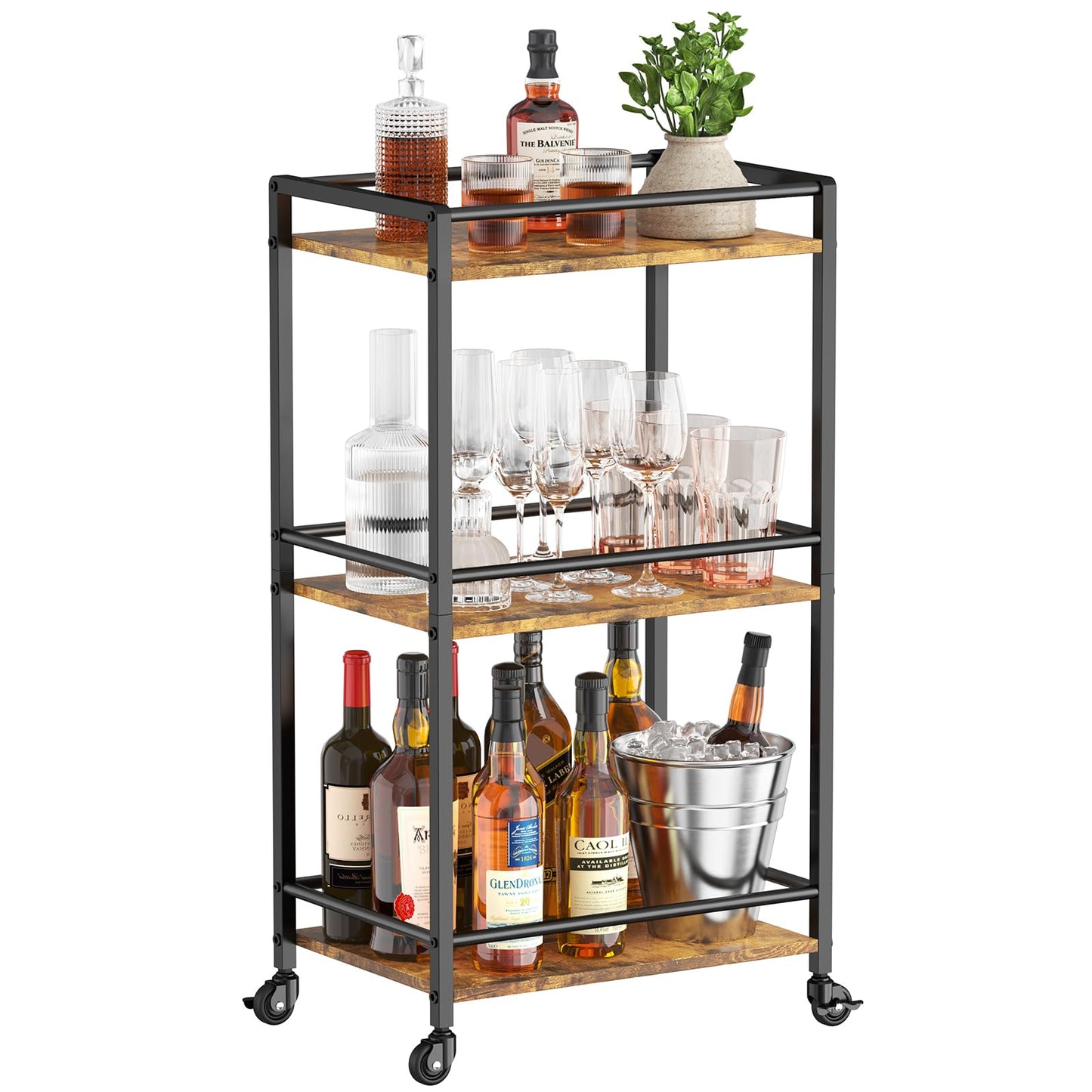 Lifewit Bar Cart for The Home, 3 Tier Small Coffee Cart, Rolling Mini Wine Cart with Lockable Wheels, Drink Serving Cart for Kitchen, Living Room, 17" x 11.8" x 32.1", Rustic Brown