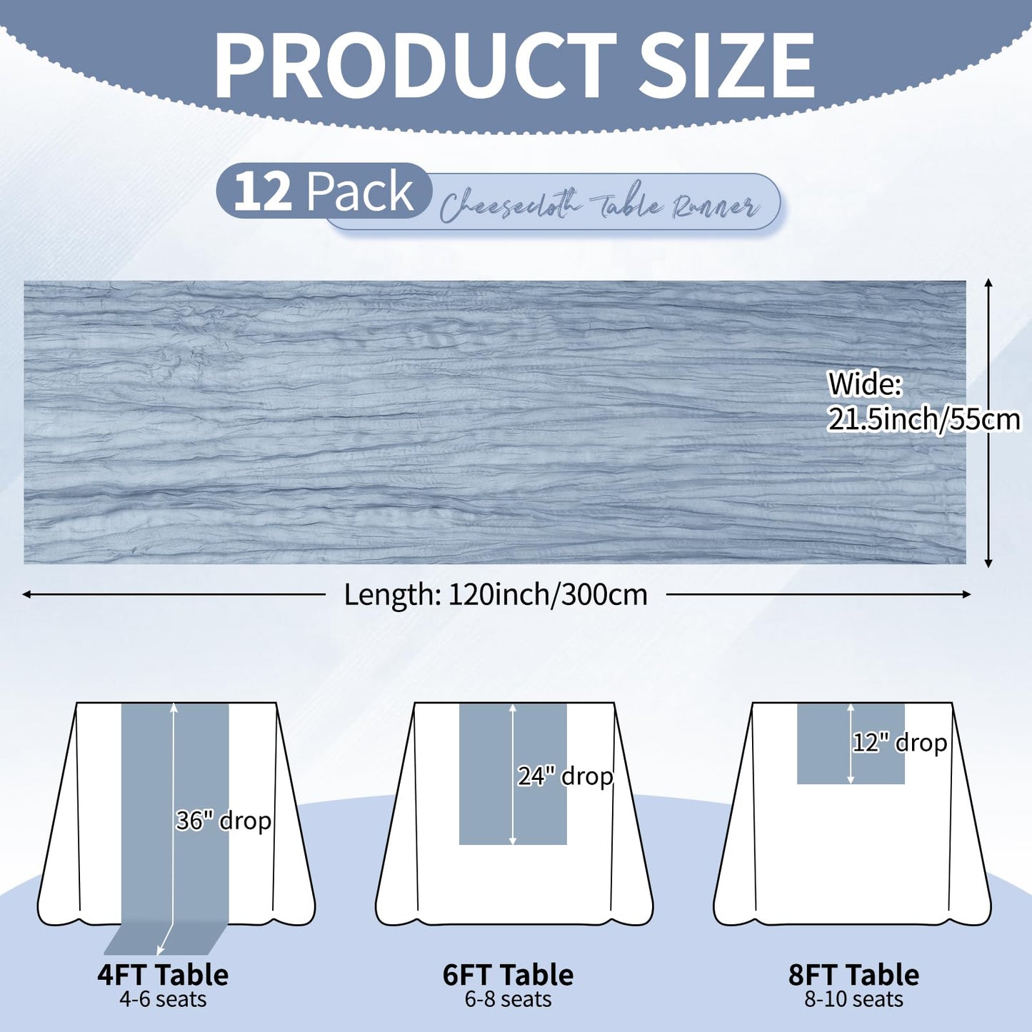 12Pack Dusty Blue Cheesecloth Table Runner 10Ft, Gauze Table Runners 21.5 x 120 inch,Semi Sheer Cheese Cloth Fabric Runner Bulk for Wedding,Party,Baby Shower,Bridal Shower