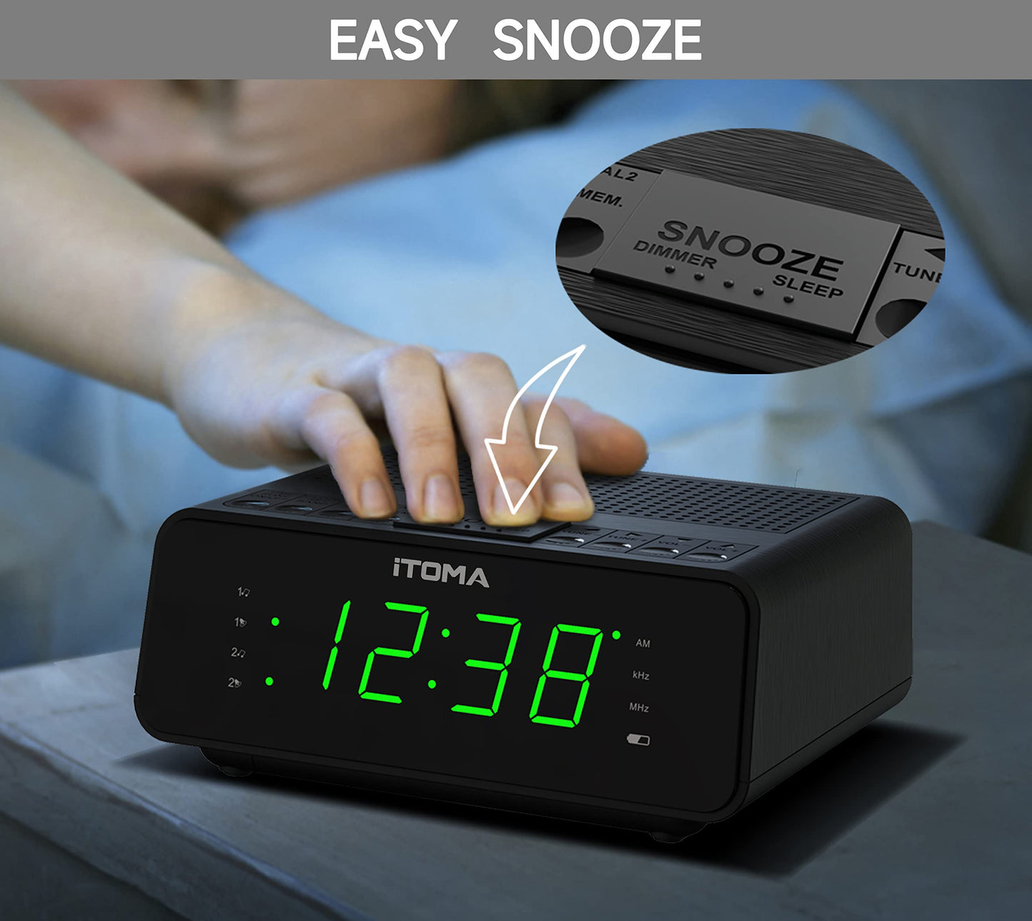 Alarm Clock with AM/FM Radio, 4-Level Dimmer, Snooze, Dual Alarms, Sleep Timer and Easy to Read 0.9" LED Jade Green Display iTOMA 2100