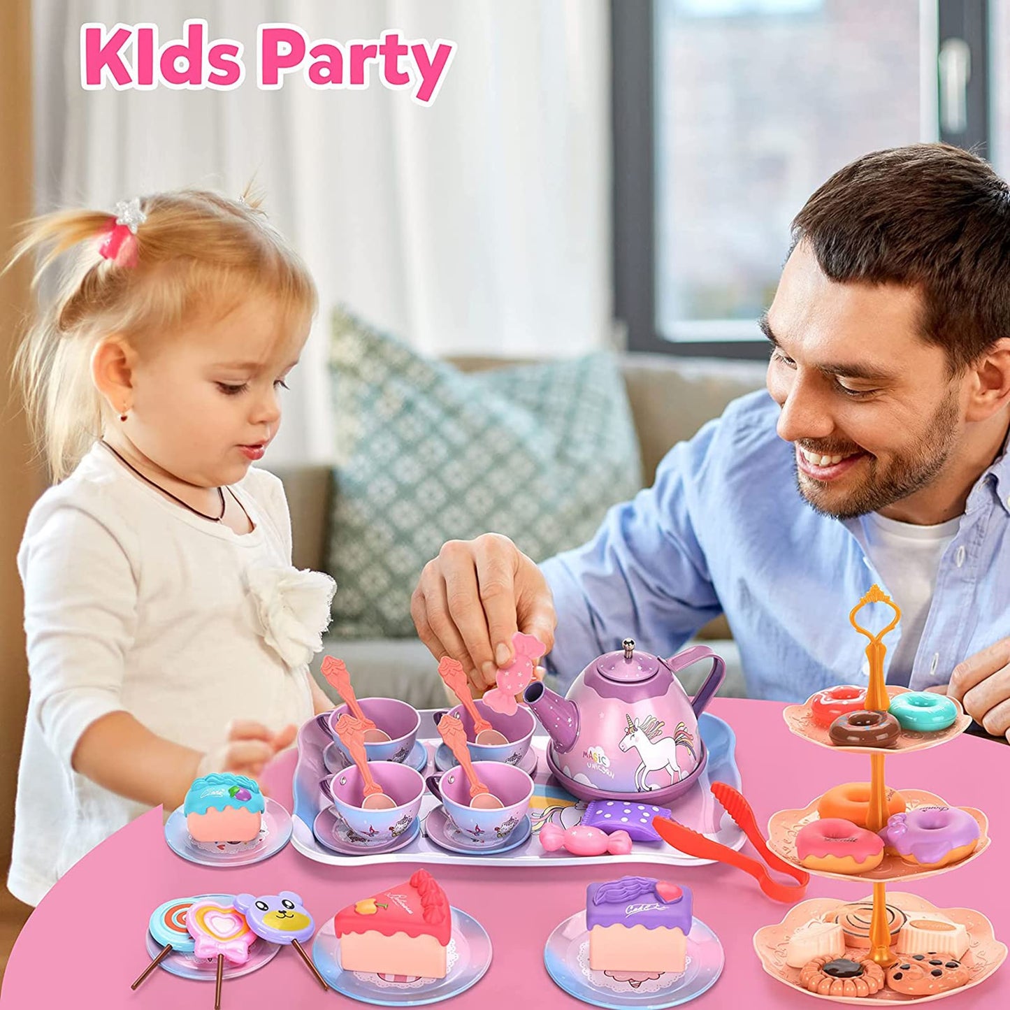 ZEAUBiM Kids Tea Set for Little Girls,Gift for Age 3 4 5 6 Year Old, Toddler Toys Tea Party Set for Little Girls, Princess Kids Kitchen Pretend Toy with Tin Tea Set (Unicorn Tin Teapot Set)
