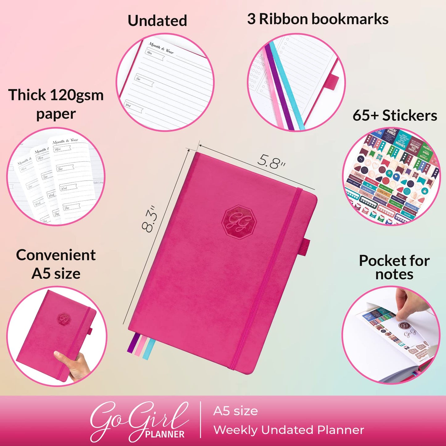 GoGirl Planner and Organizer for Women – A5 Size Weekly Planner, Goals Journal & Agenda to Improve Time Management, Productivity & Live Happier. Undated – Start Anytime, Lasts 1 Year – Hot Pink