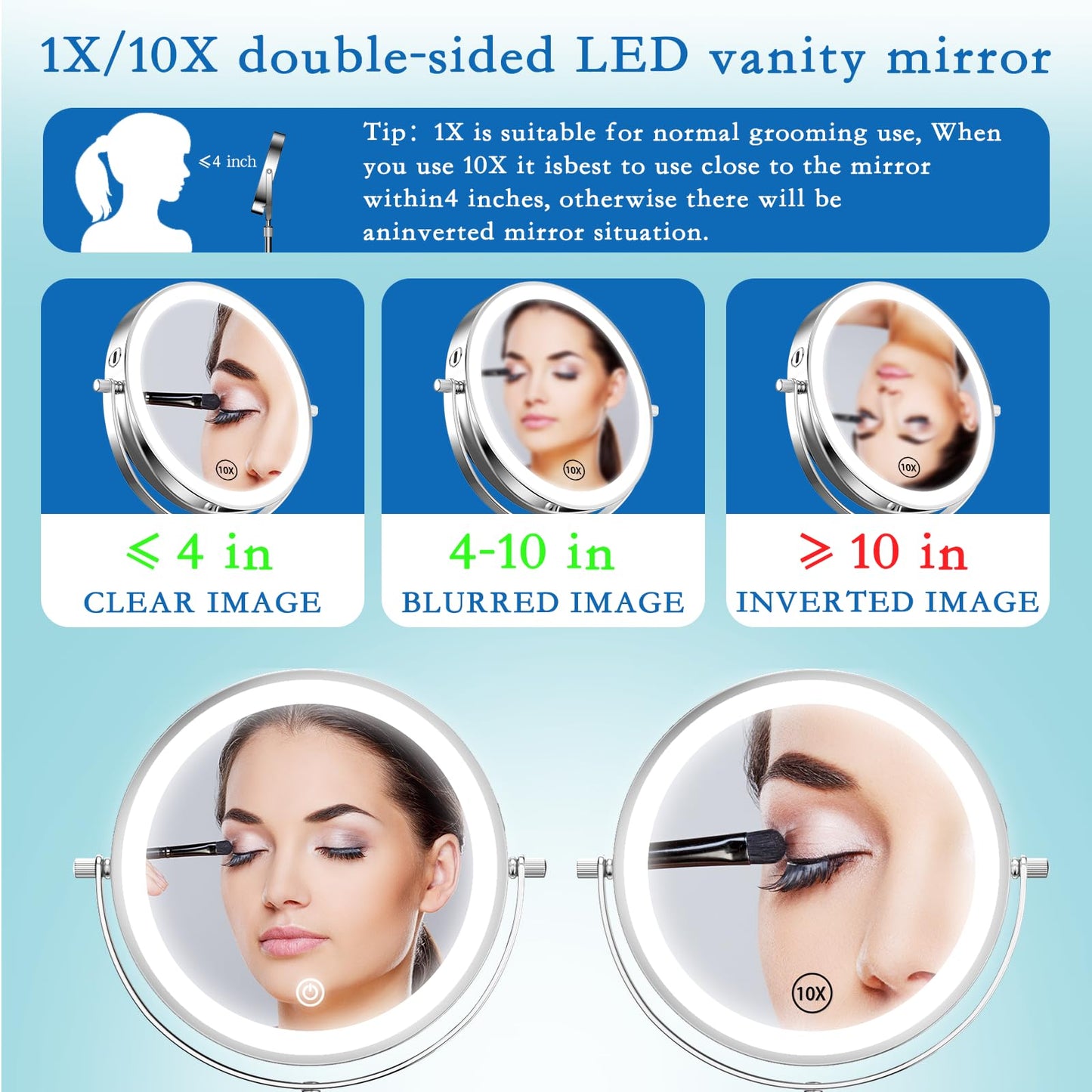 Vanity Mirror with 7" 1x/10x Makeup Mirror Adjustable Height Double Sided Mirror with 360°Rotating Makeup Mirror with Magnifying Mirror with Mirror