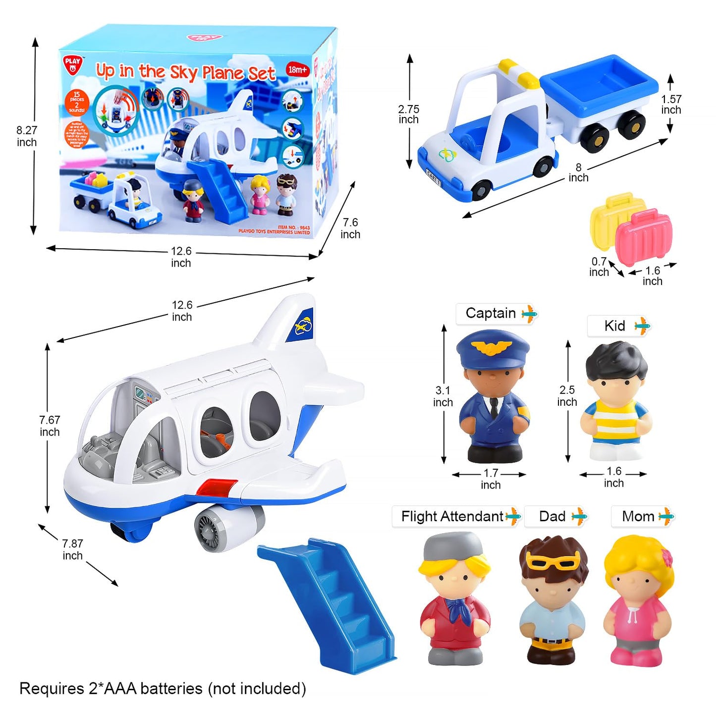 PLAY Airplane Toy for Kids - Toddler Airplane Toys Travel Plane Toys for Kids 2+ Years Old with Small Figures & Baggage Carrier, Musical Toy Airplane with Lights for Boys Girls Gifts Birthday