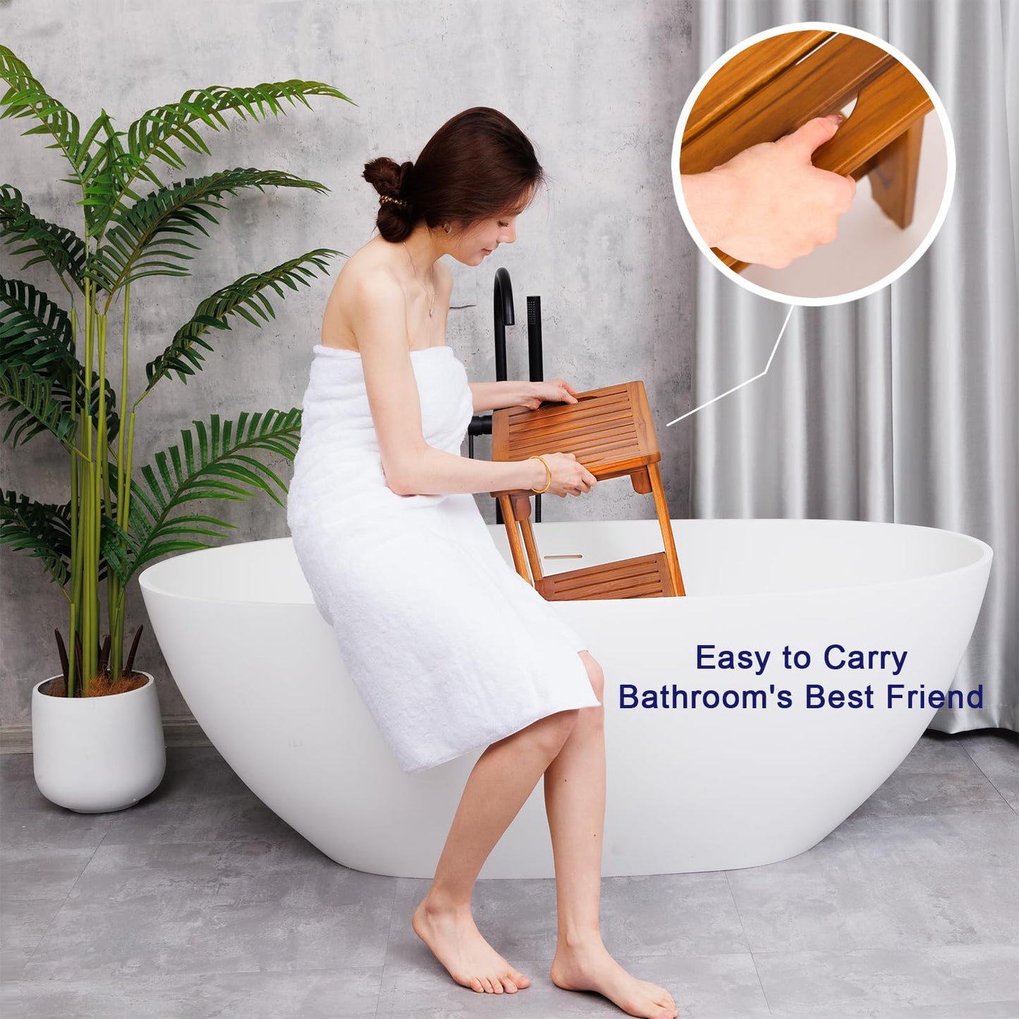 21" Standard Teak Shower Bench with Shelf & Handle - Waterproof, Non-Slip Bath Stool, 300 lbs Capacity - Fits Standard Tubs/Showers & Outdoor Use (Patented)