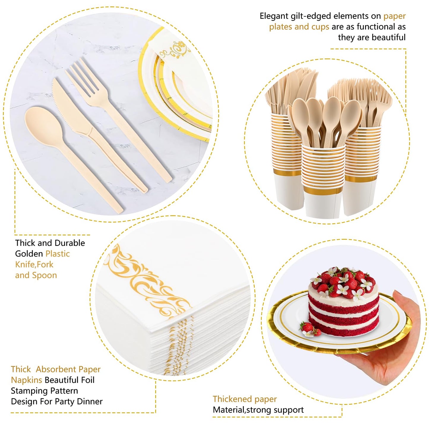 350 Pieces Gold Rim Party Supplies - Disposable Dinnerware Set Include 50 Dinner Plates, 50 Dessert Plates, 50 Cups, 50 Napkins and 50 Cutlery Set for Wedding Baby Shower Engagemen Christmas Party
