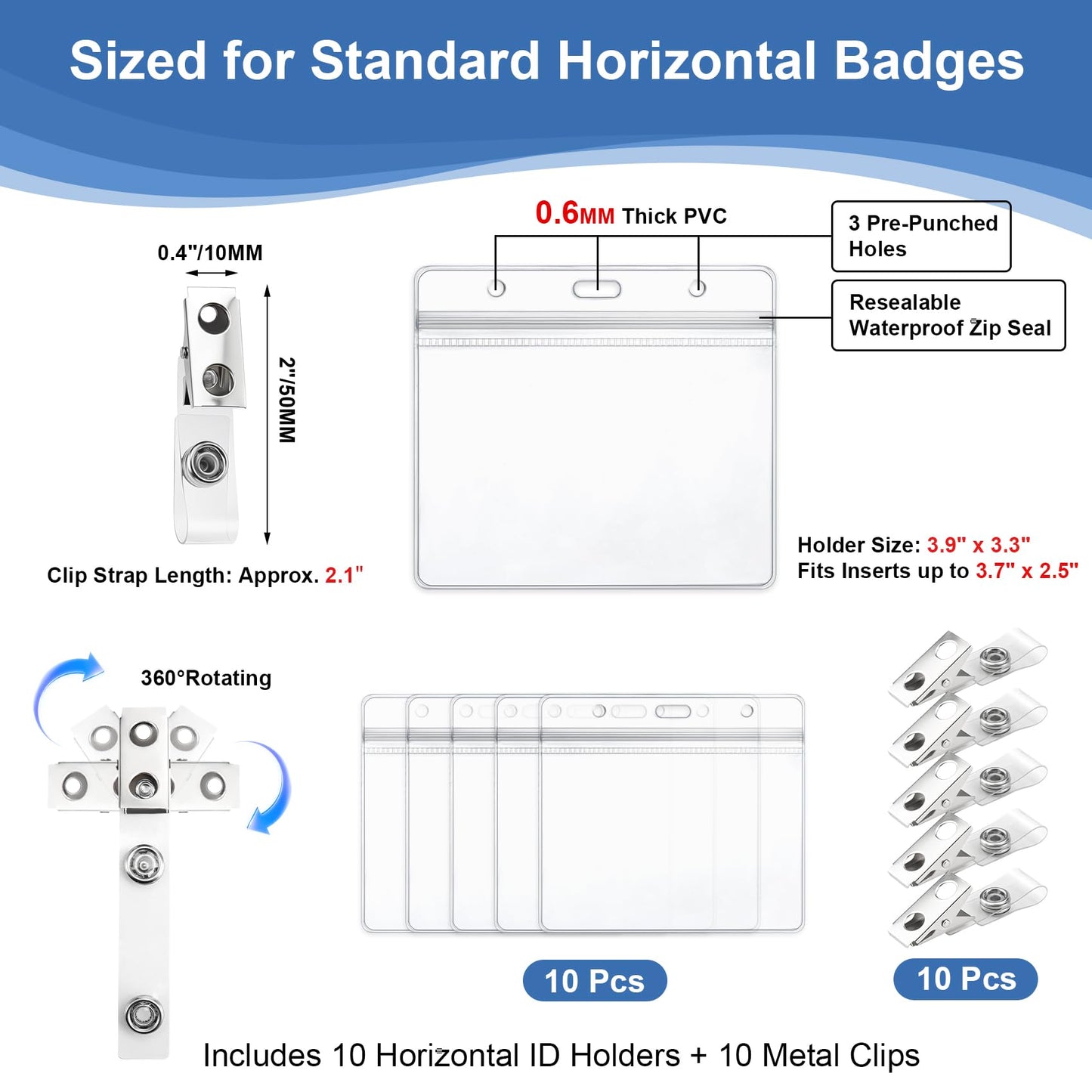 Clear Plastic Horizontal Badge Holders and Metal Badge Clips with Vinyl Straps Waterproof Name Tag PVC ID Card Holder by ZHEGUI (100 Pack, Horizontal 3.6x2.4)