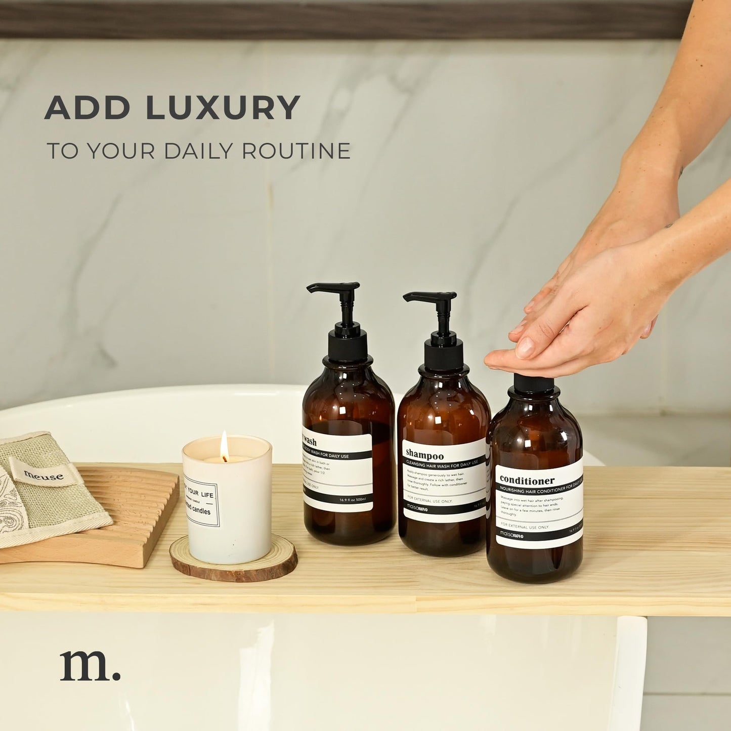 MaisoNovo Shampoo and Conditioner Dispenser Set of 3-500 ml Amber Shower Soap Dispenser with Black Pump - Luxury Shampoo Bottles Refillable for Bathroom with Waterproof Labels