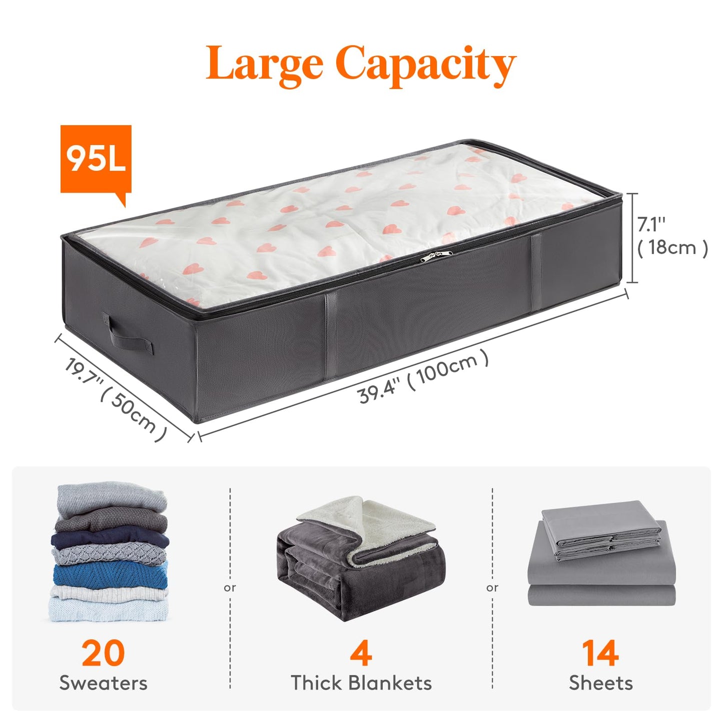 Lifewit 6 Pack 95L Under Bed Storage Bins, Foldable Closet Organizers and Storage Containers,Underbed Storage Bags with Reinforced Handle for Blanket,Clothing,Comforter, Sheets,Wrapping Paper, Grey