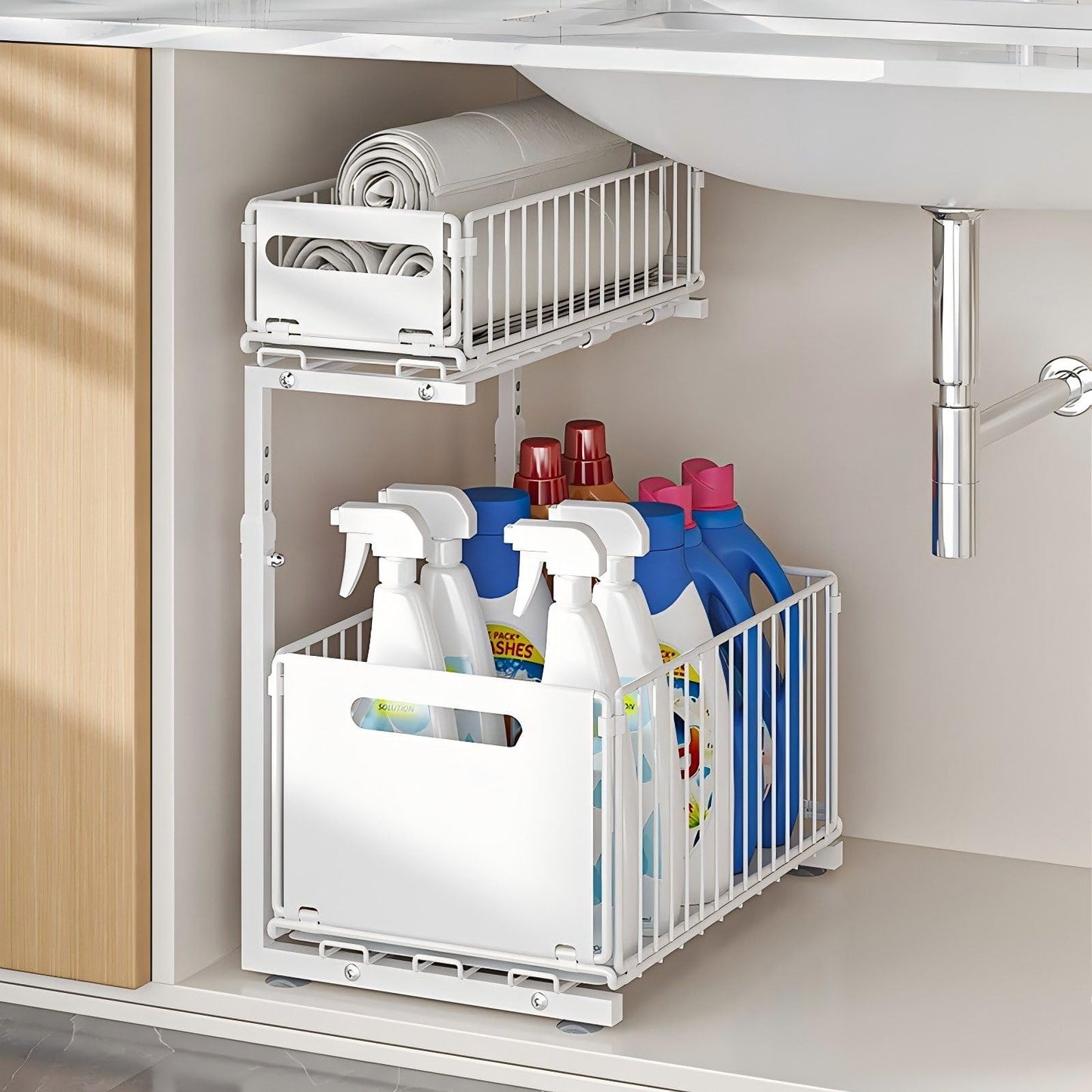 HABITELLO Under Sink Organizer, 2-Tier Multi-Use Kitchen and Bathroom Organizers and Storage, Slide Out Thickened Metal Under The Sink Organizer for Kitchen Bathroom Pantry (Sytle B White, 2 Pack)