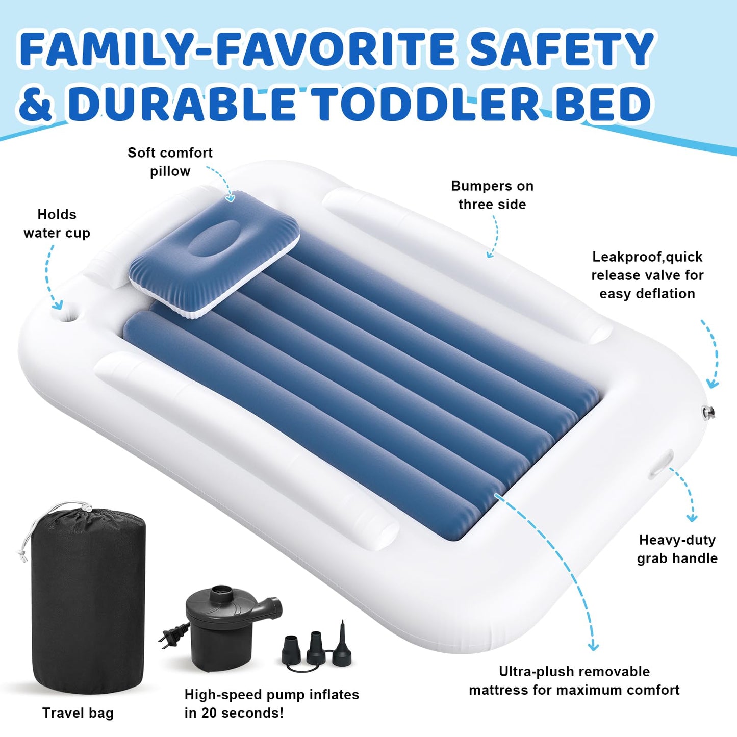 Deeteck Inflatable Toddler Travel Bed - 60 Inches Portable Toddler Bed for Travel with Safety Sides - Cozy Kids Air Mattress Set with High-Speed Pump & Carry Case - Lightweight & Easy to Inflate -Blue