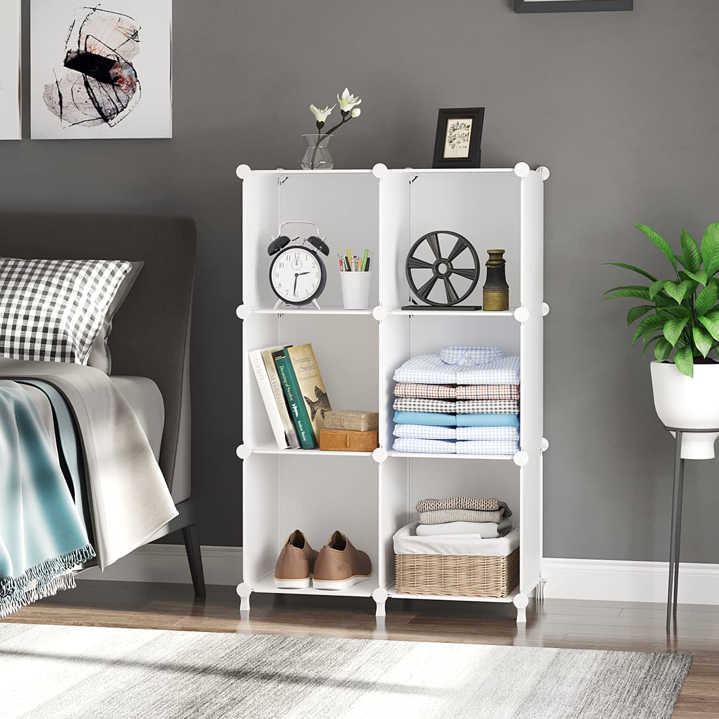 AWTATOS Cube Storage Organizer, Storage Cubes Shelves Bookshelf, 6 Cube Closet Organizers and Storage, DIY Stackable Plastic Clothes Organizer Shelving for Bedroom, Home Office, White
