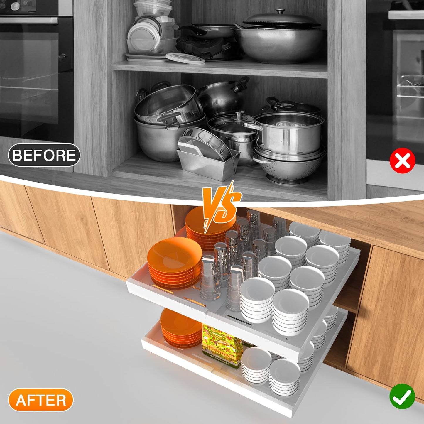 2 Pack Pull out Cabinet Organizer Sliding Shelf, 16.7" Deep, Expandable(12.2"-21.3") Slide Out Drawers for Kitchen 0rganizers and Storage, Heavy Duty with Adhesive Nano Film Or Screw,Roll Out Drawers