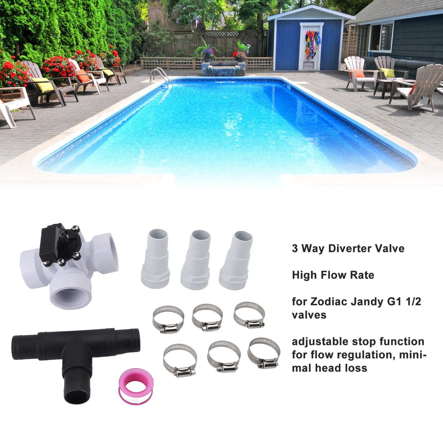 Haofy 3 Way Diverter Valve PVC G1 Threaded Easy Control, Adjustable Stop Feature for Pools Spas
