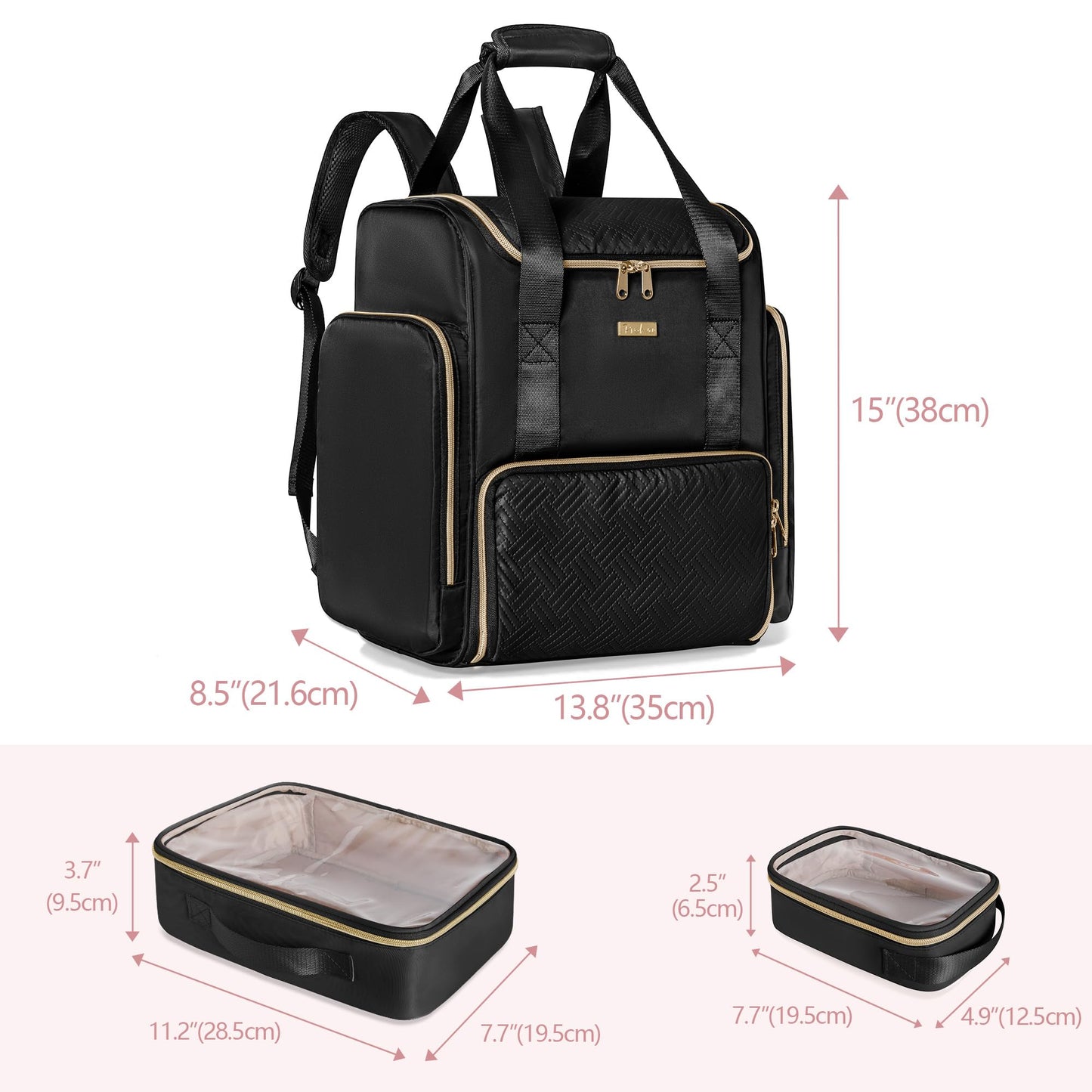 Prokva Large Makeup Backpack with 3 Clear Makeup Bags, Double Layers Professional Makeup Travel Case with Brushes Storage Section for Makeup Artists, Black (Patent Design)