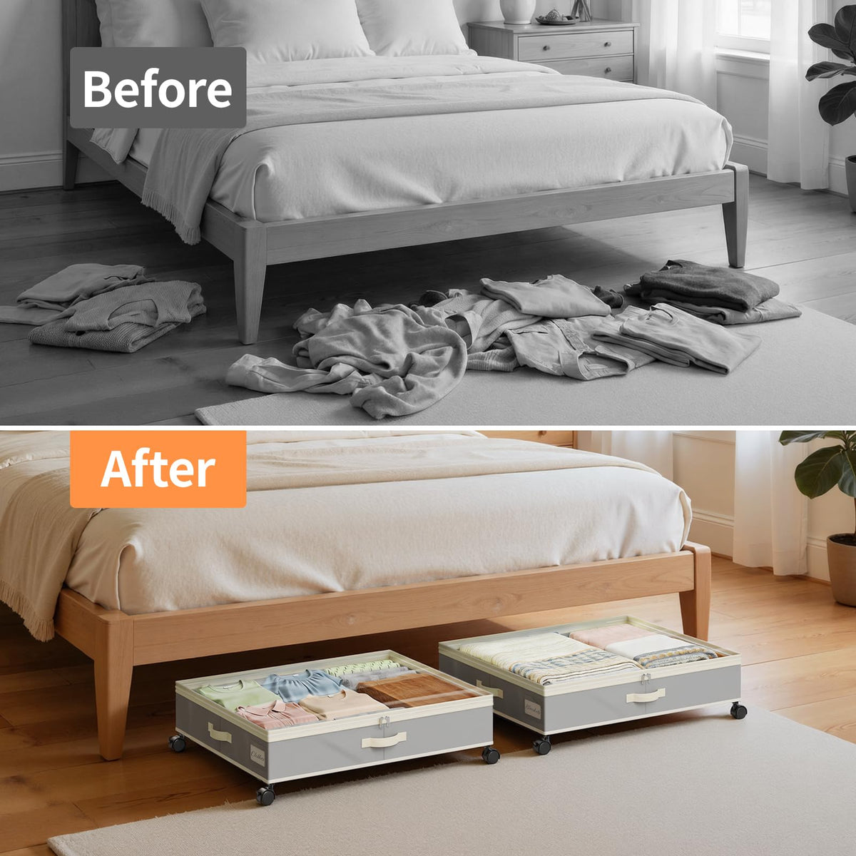Yecaye 80L Under Bed Storage with Wheels, 2 Pack Under Bed Storage Containers with Lid, Rolling Underbed Storage Drawer, Metal Under Bed Shoe Storage for Clothes, Shoes, Blankets, Grey