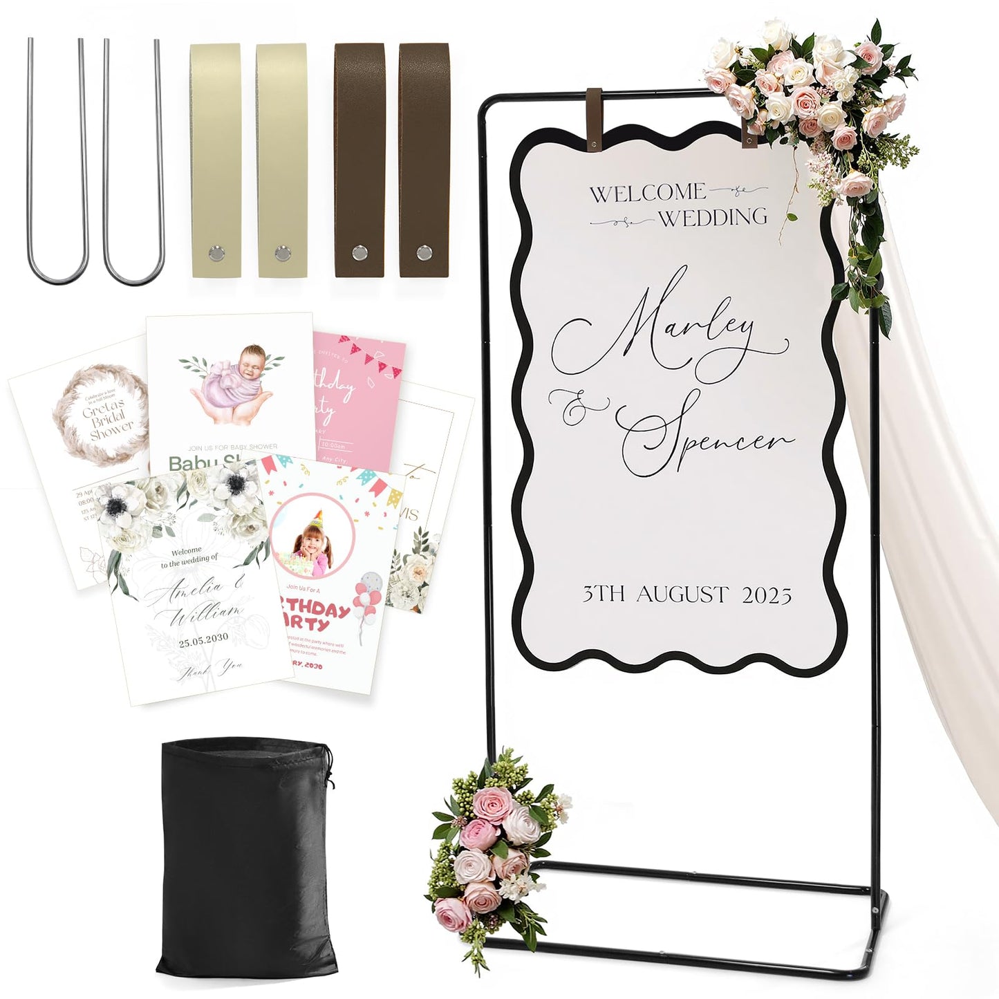 Wedding Welcome Sign Stand, Welcome to our Wedding Sign Holder, Black Easel Stand for Sign Poster With Design Bundle & Ground Stakes & Leather Sign Hanging Straps, Linen Sign Stand for Wedding Decor
