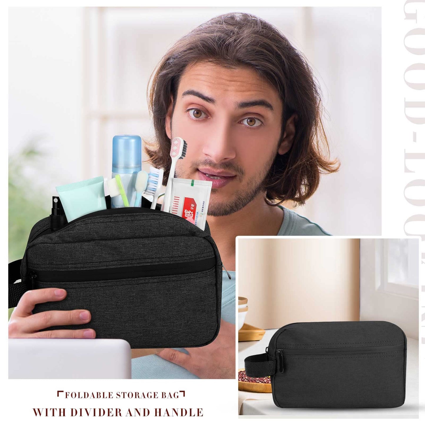 Hillban 9 Pcs Portable Toiletry Bag for Men Water Resistant Shaving Bag Foldable Cosmetic Bag Travel Bag for Toiletries Hanging Storage Shower Bag Wedding Groomsmen Gifts(Black)