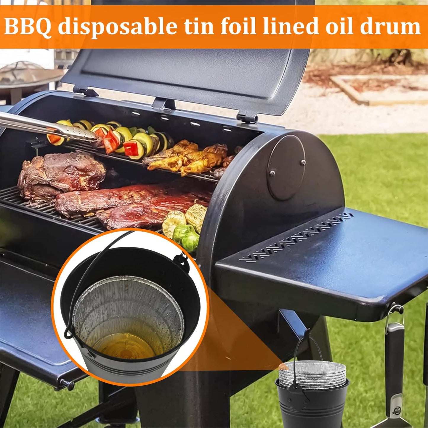 Grill Bucket for Grease Traeger Grease Bucket with 15 Tin Liners Rust-Proof Iron Alloy Drip Grease Can Tin Liners Compatible for Traeger 20/22/34 Series 15x14.3 cm