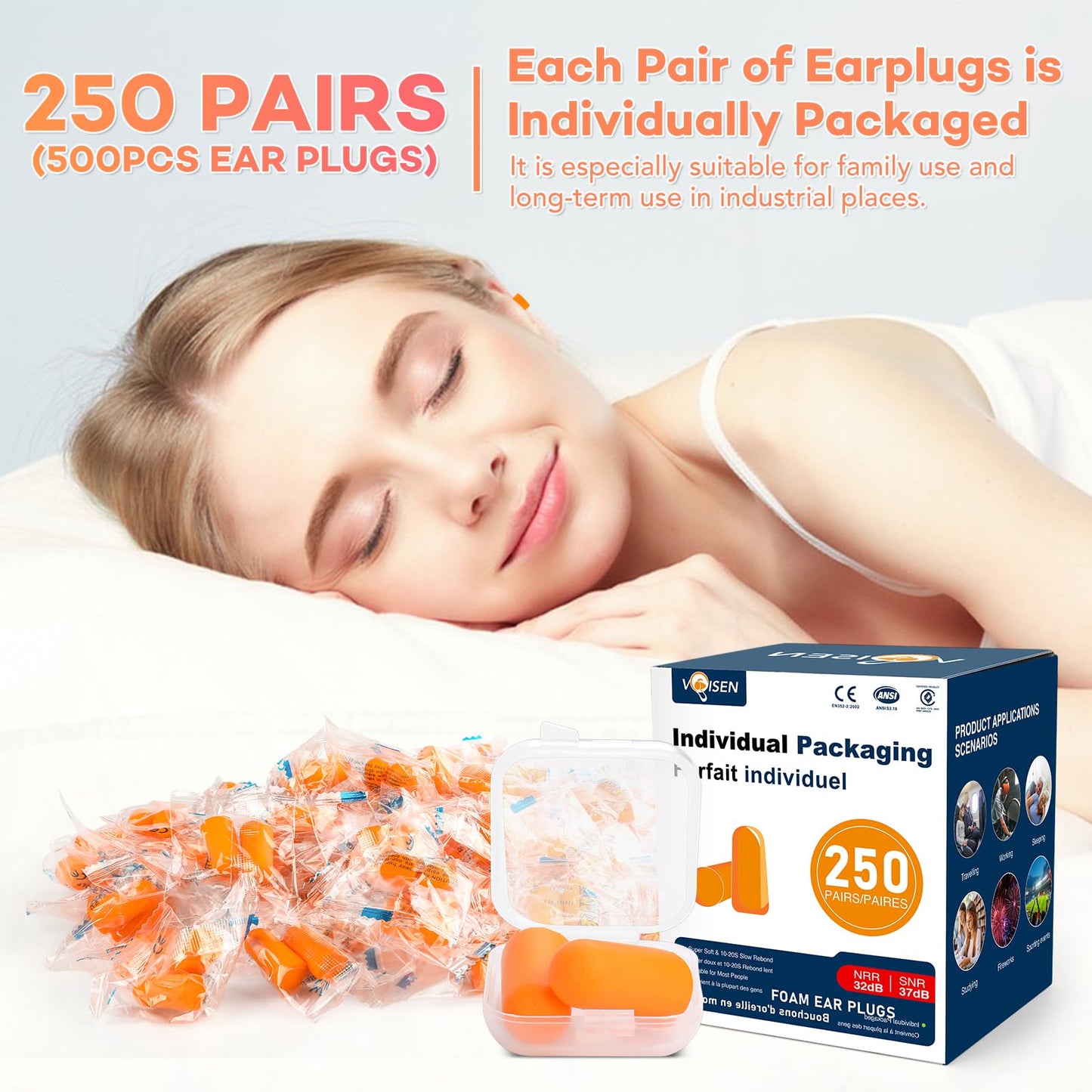 VOISEN Soft foam earplugs,250 Pairs Ear Plugs for Sleeping,Studying, Loud Events, Traveling & Concerts, Individual Package