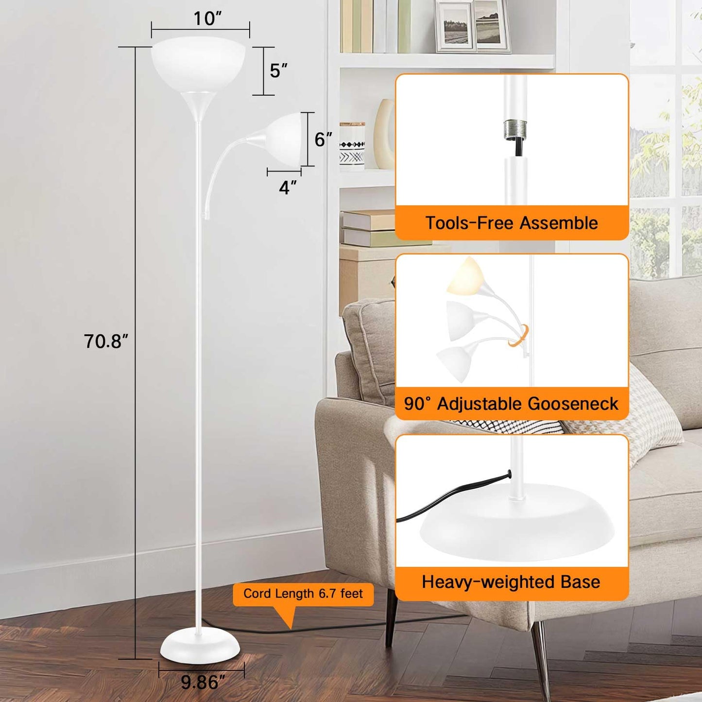 OUTON LED Floor Lamp, 70" Tall Torchiere Floor Lamp + Adjustable Reading Light, Modern Dimmable Standing Lamp with Remote Control, Corner Lamp for Living Room Bedroom Office, White