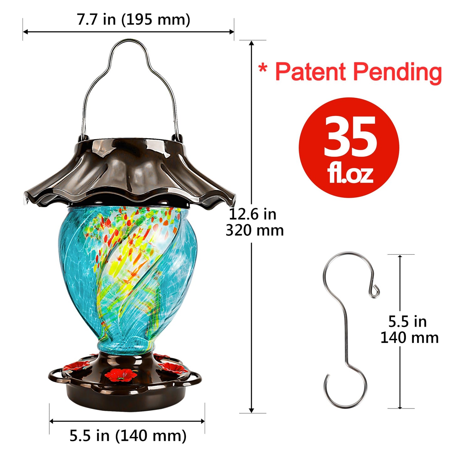 LUJII Solar Powered Hummingbird Feeder for Outside, Hand Blown Glass, Never Leak, Waterproof, Metal Base Top, Lighted Lantern for Garden Decoration, Unique Gift for Bird Lovers, Teal